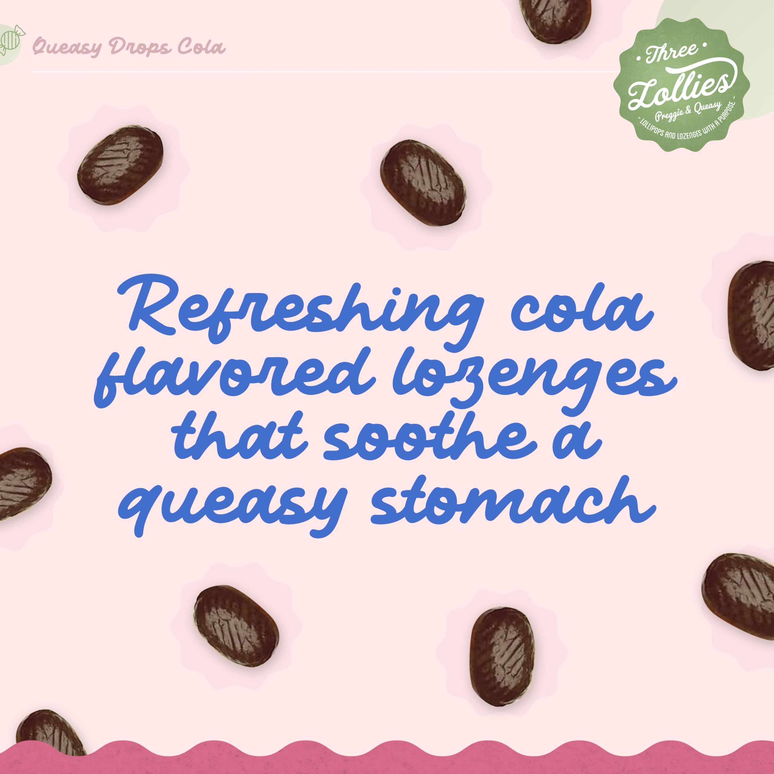 Three Lollies Queasy Drops Cola Flavor – Nausea & Travel Sickness Relief, Dry Mouth Soothing (21 ct, 3-Pack)