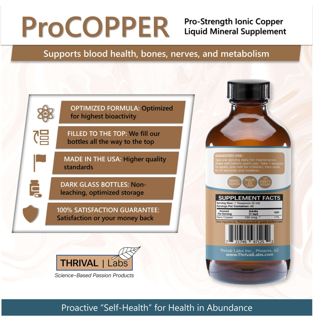 Thrival Labs Ionic Copper Drops (30 PPM) – Hair, Skin, Nails & Bone Health – 16oz Glass Bottle