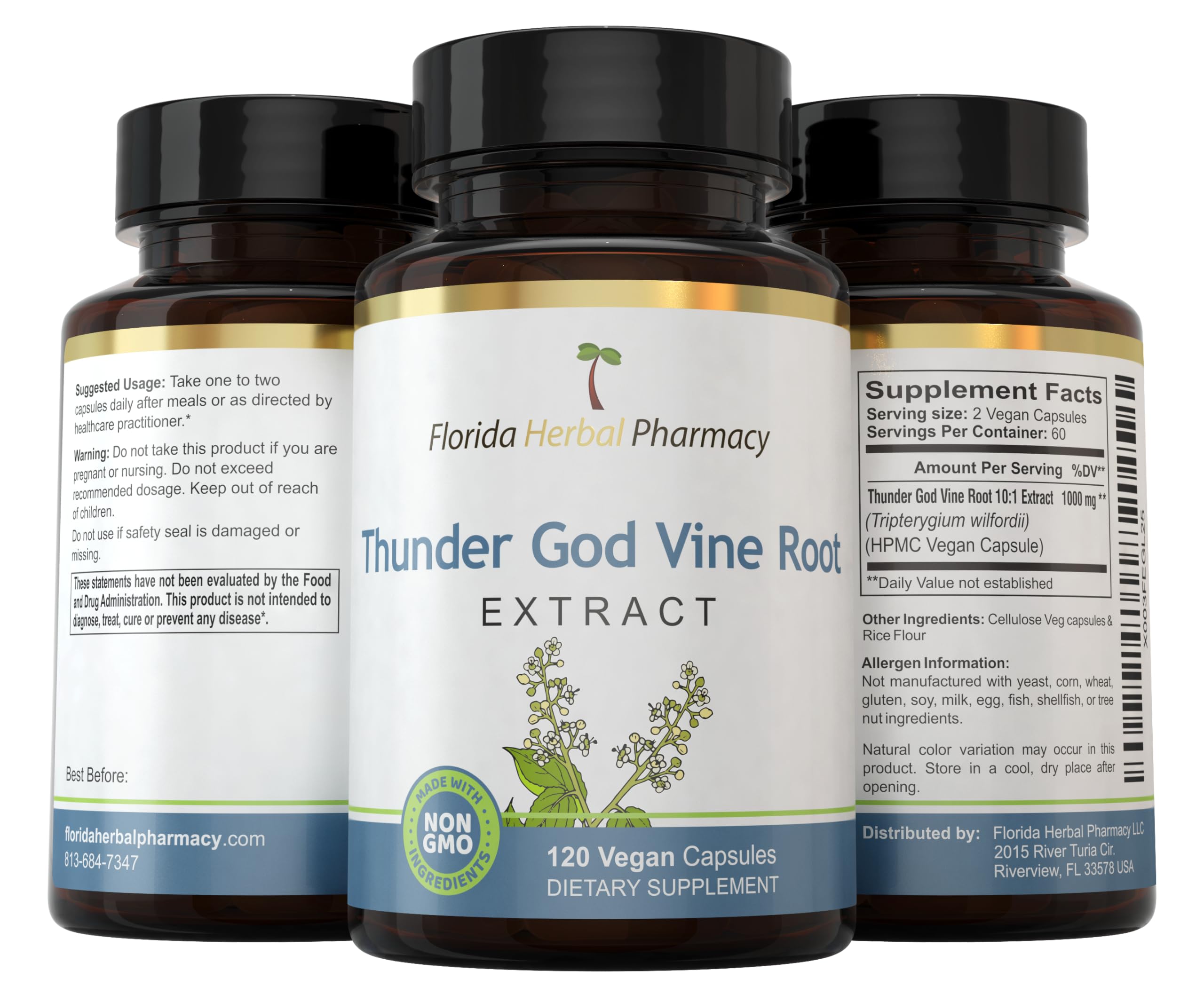Florida Herbal Pharmacy Thunder God Vine Root Extract Capsules - 500 mg 10:1 Concentration