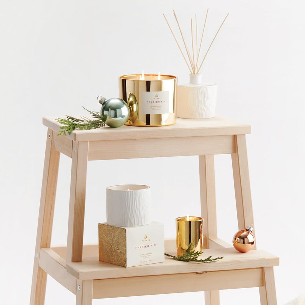 Thymes Frasier Fir Candle – Gilded Collection | Wood Grain Ceramic, 24K Gold Rim, 6 oz Petite