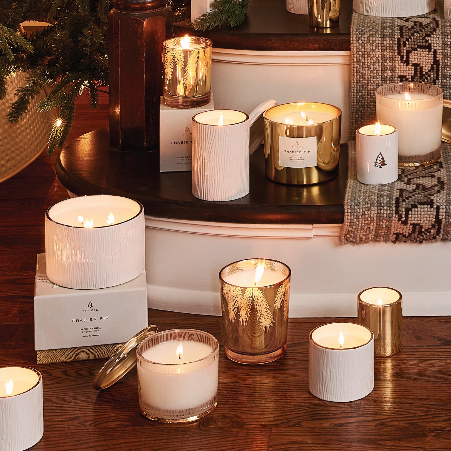 Thymes Frasier Fir Candle – Gilded Collection | Wood Grain Ceramic, 24K Gold Rim, 6 oz Petite
