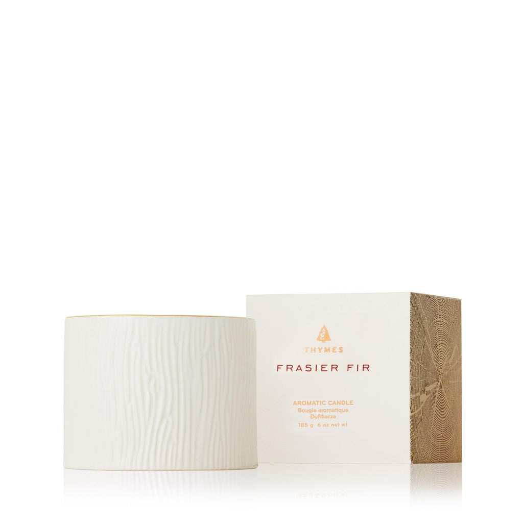 Thymes Frasier Fir Candle – Gilded Collection | Wood Grain Ceramic, 24K Gold Rim, 6 oz Petite
