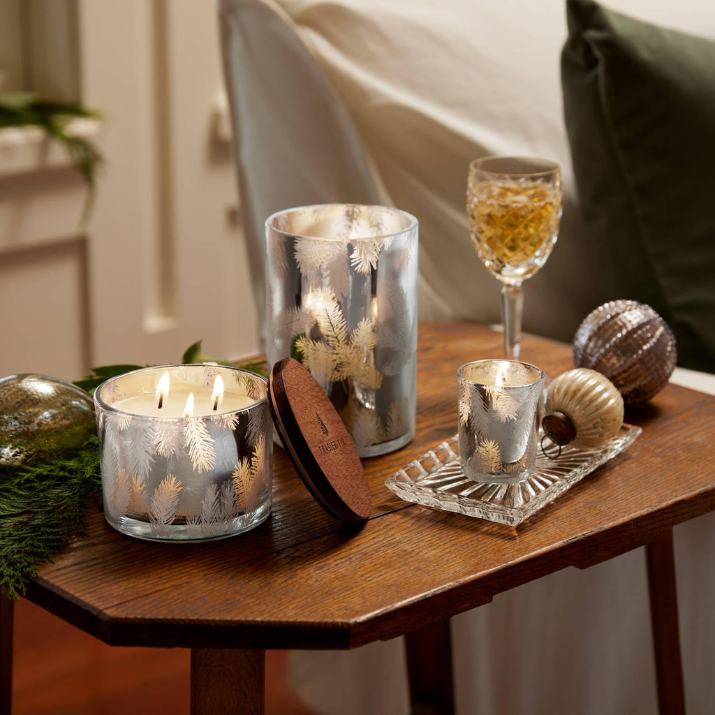 Thymes Frasier Fir Candles - Silver Pine Needle Luminary, 20 oz | Statement Collection