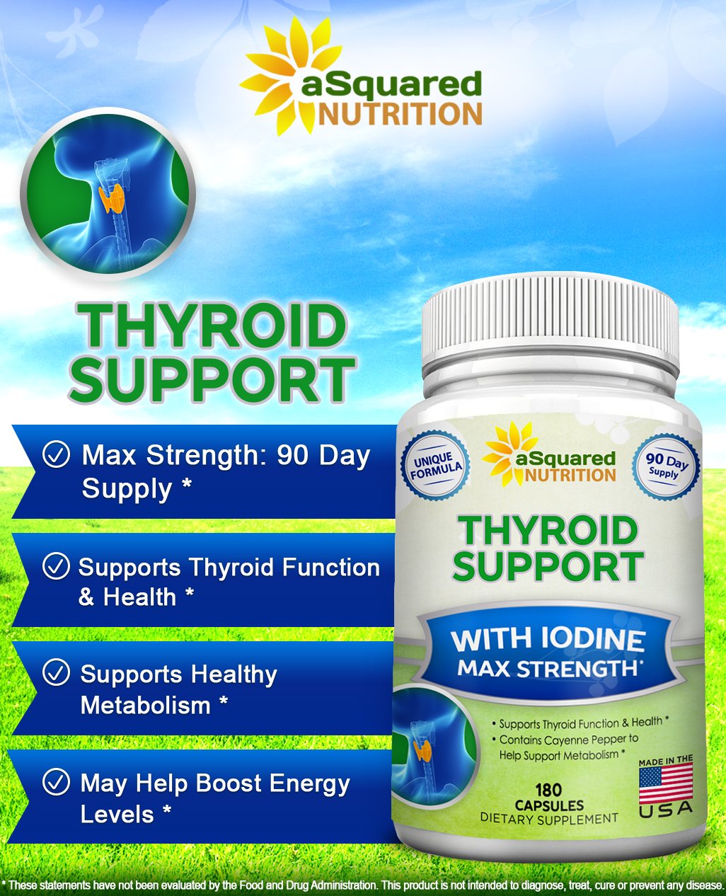 aSquared Nutrition Premium Thyroid Support – 180 Capsules | Iodine, Ashwagandha, Bladderwrack & Kelp