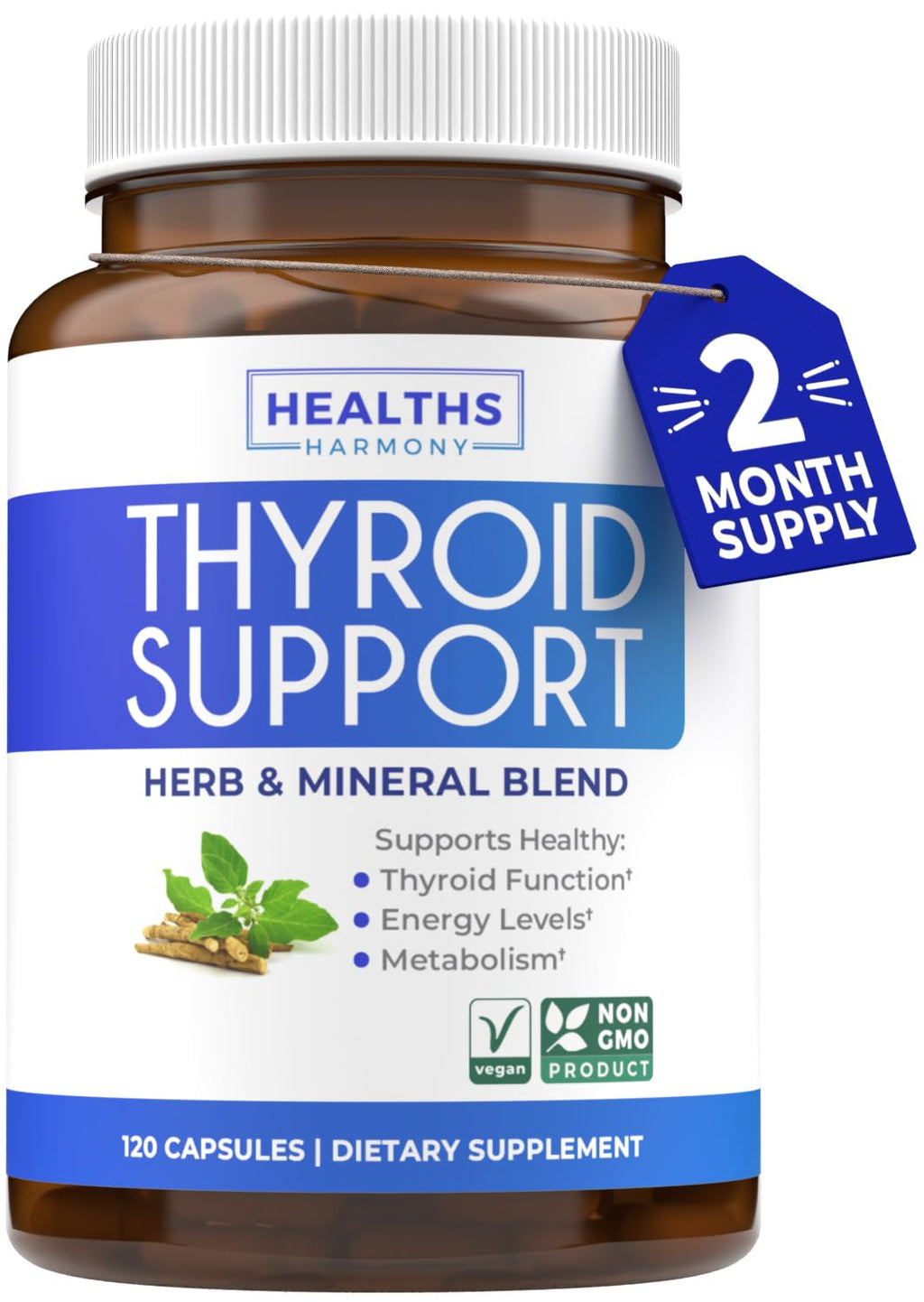 Thyroid Support with Iodine - 120 Capsules (Non-GMO) | 60 Day Supply