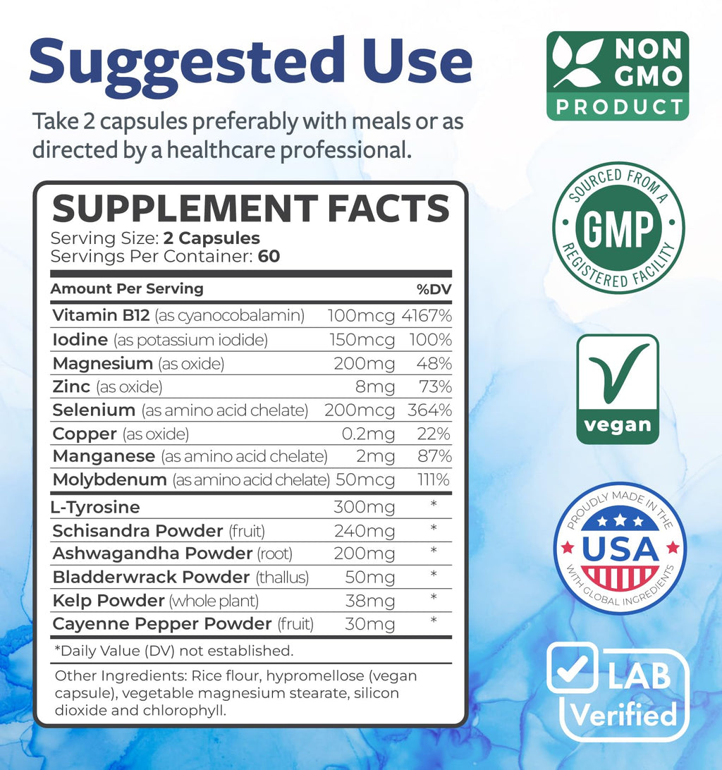 Thyroid Support with Iodine - 120 Capsules (Non-GMO) | 60 Day Supply
