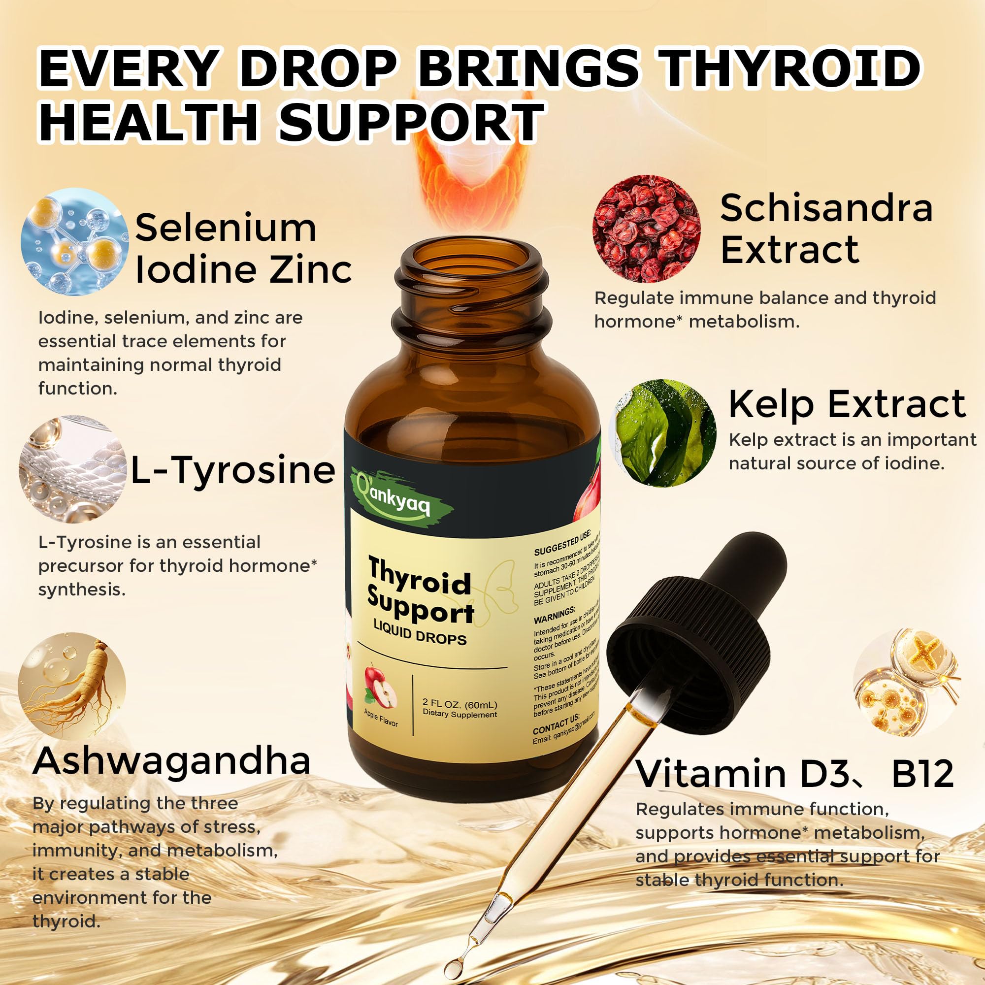 Thyroid Support Liquid Drops for Women | Iodine, Selenium, Zinc, L-Tyrosine & Ashwagandha | Metabolism, Hormone Balance & Immune Support | 60ml