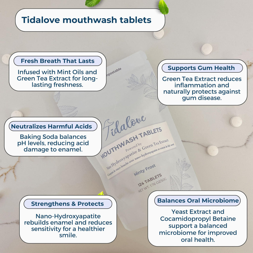 Tidalove Mouthwash Tablets - Alcohol-Free, Eco-Friendly, Travel-Friendly with Nano-HA & Green Tea - 124 Tablets (Tin)