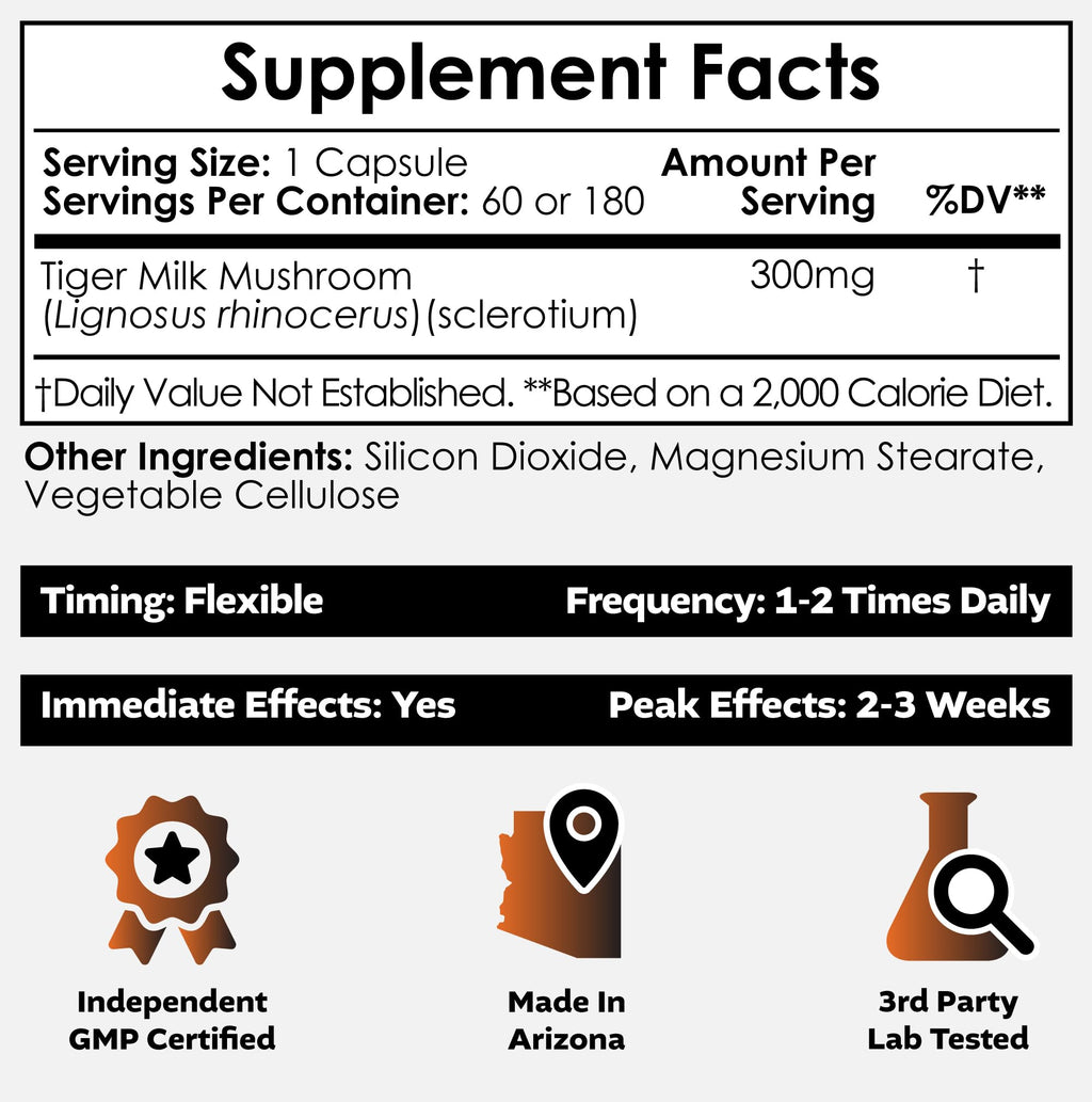 Nootropics Depot Tiger Milk Mushroom Capsules | 300mg | 180 Count | Lignosus rhinocerus Sclerotium | Cognition, Histamine, & Respiratory Support