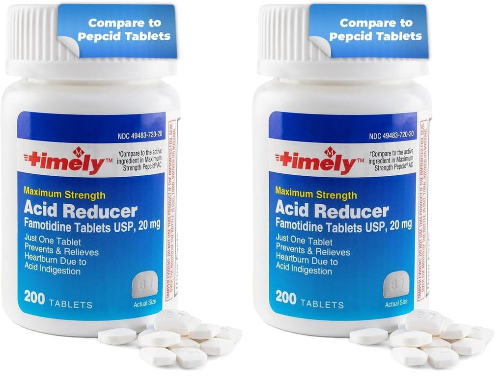 Timely Acid Reducer 20mg Famotidine - Heartburn Relief (200 Tablets, Pack of 2) | TIME-CAP LABS