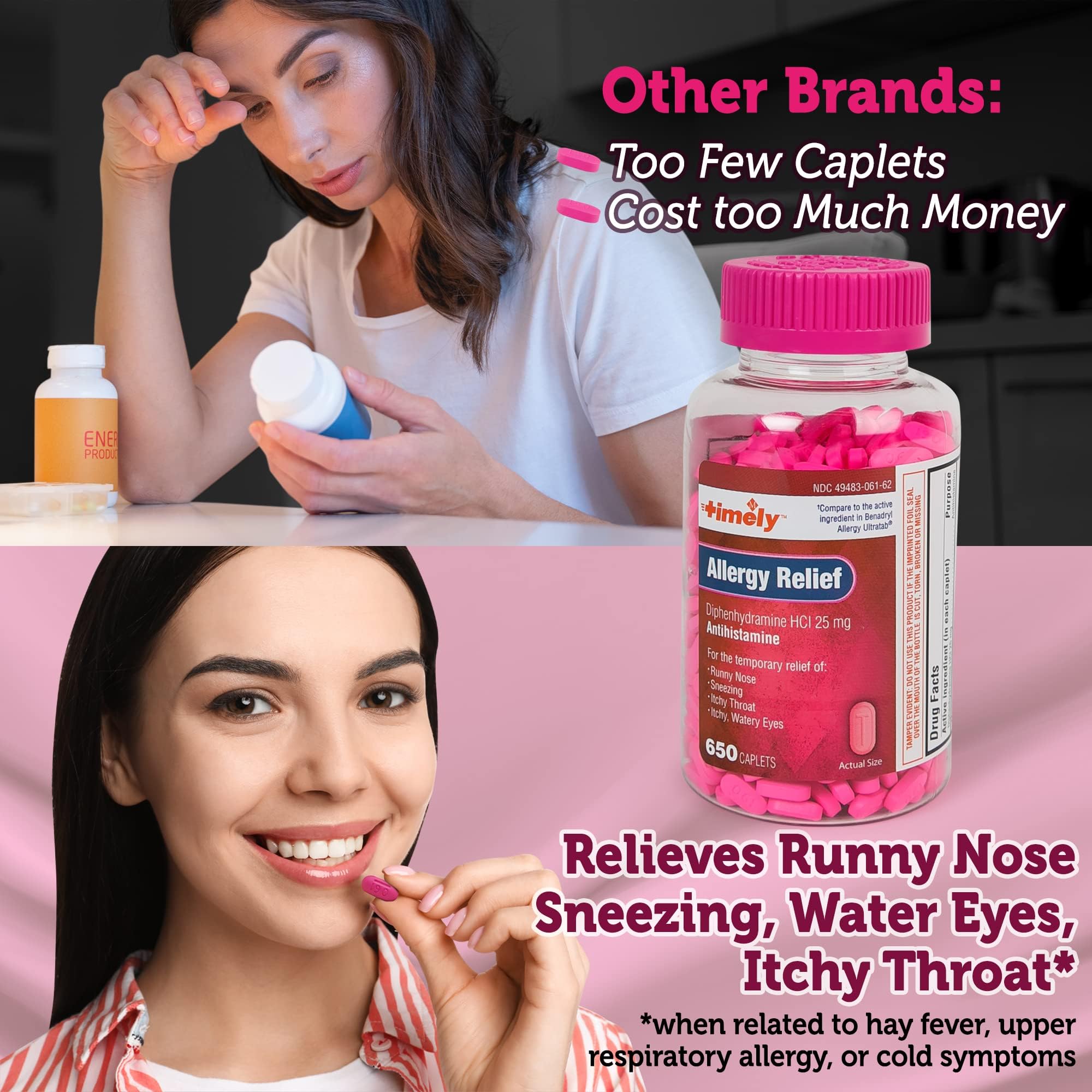 Timely Allergy Relief Diphenhydramine HCl 25 mg | 650 Caplets | Adults | Comparable to Benadryl