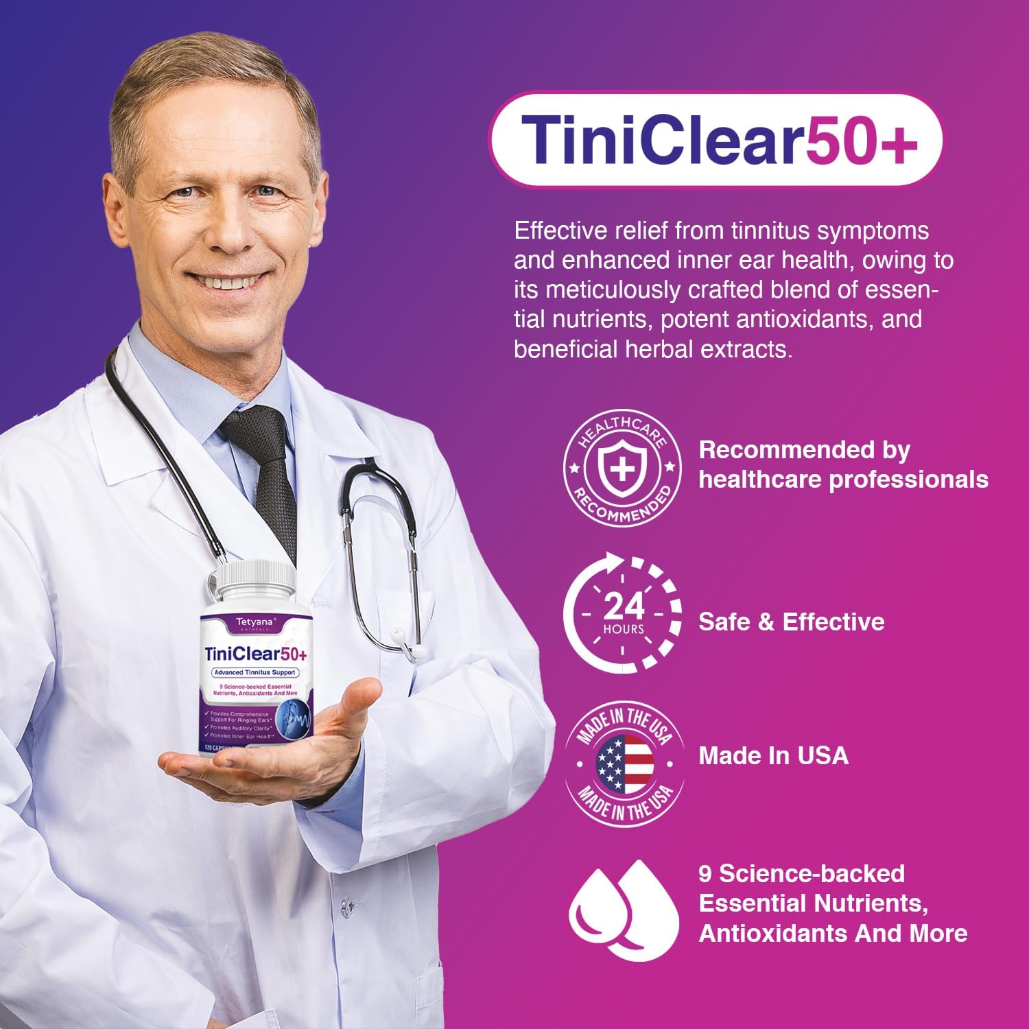 Tinnitus Relief for Ringing Ears – Natural Hearing Health Formula (120 Capsules) – Made in USA