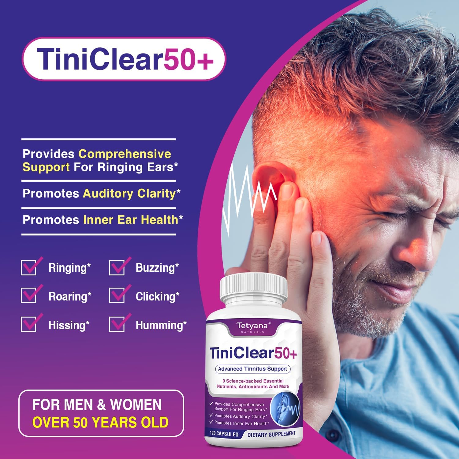 Tinnitus Relief for Ringing Ears – Natural Hearing Health Formula (120 Capsules) – Made in USA