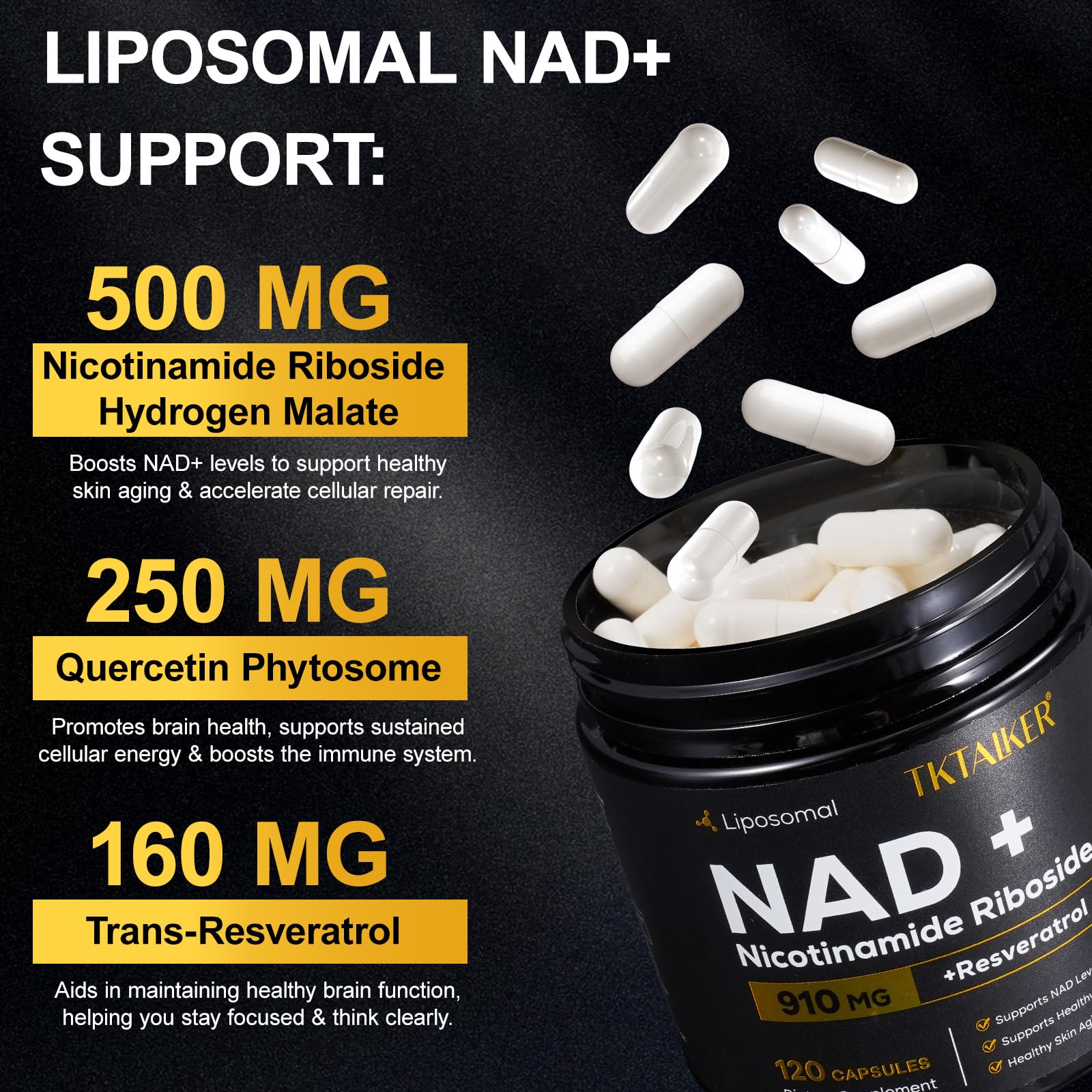 TKTALKER NAD Supplement 910mg NR with Resveratrol & Quercetin | Anti-Aging, Energy & Focus