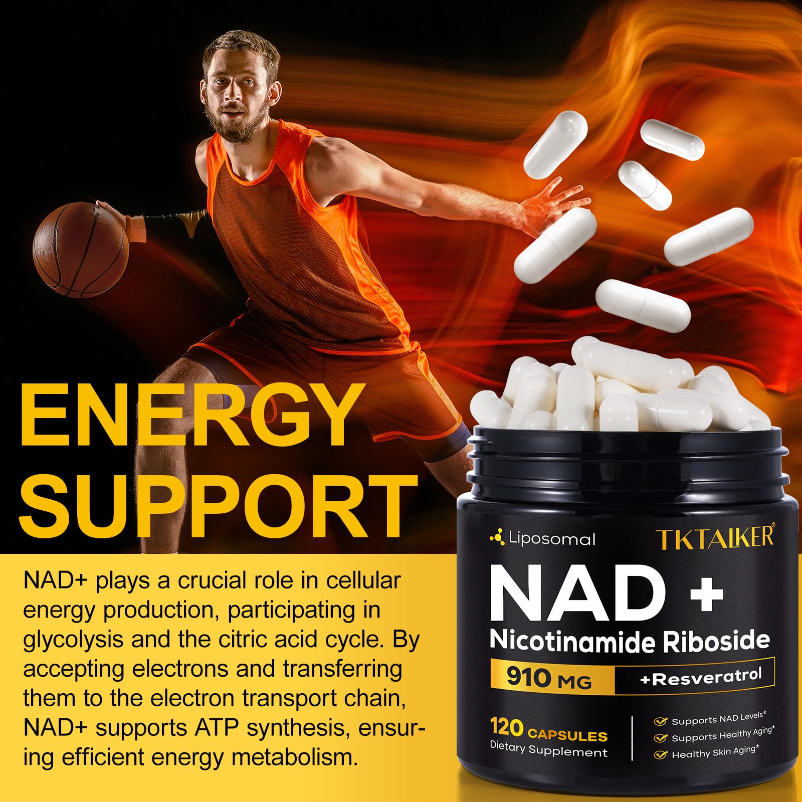 TKTALKER NAD Supplement 910mg NR with Resveratrol & Quercetin | Anti-Aging, Energy & Focus