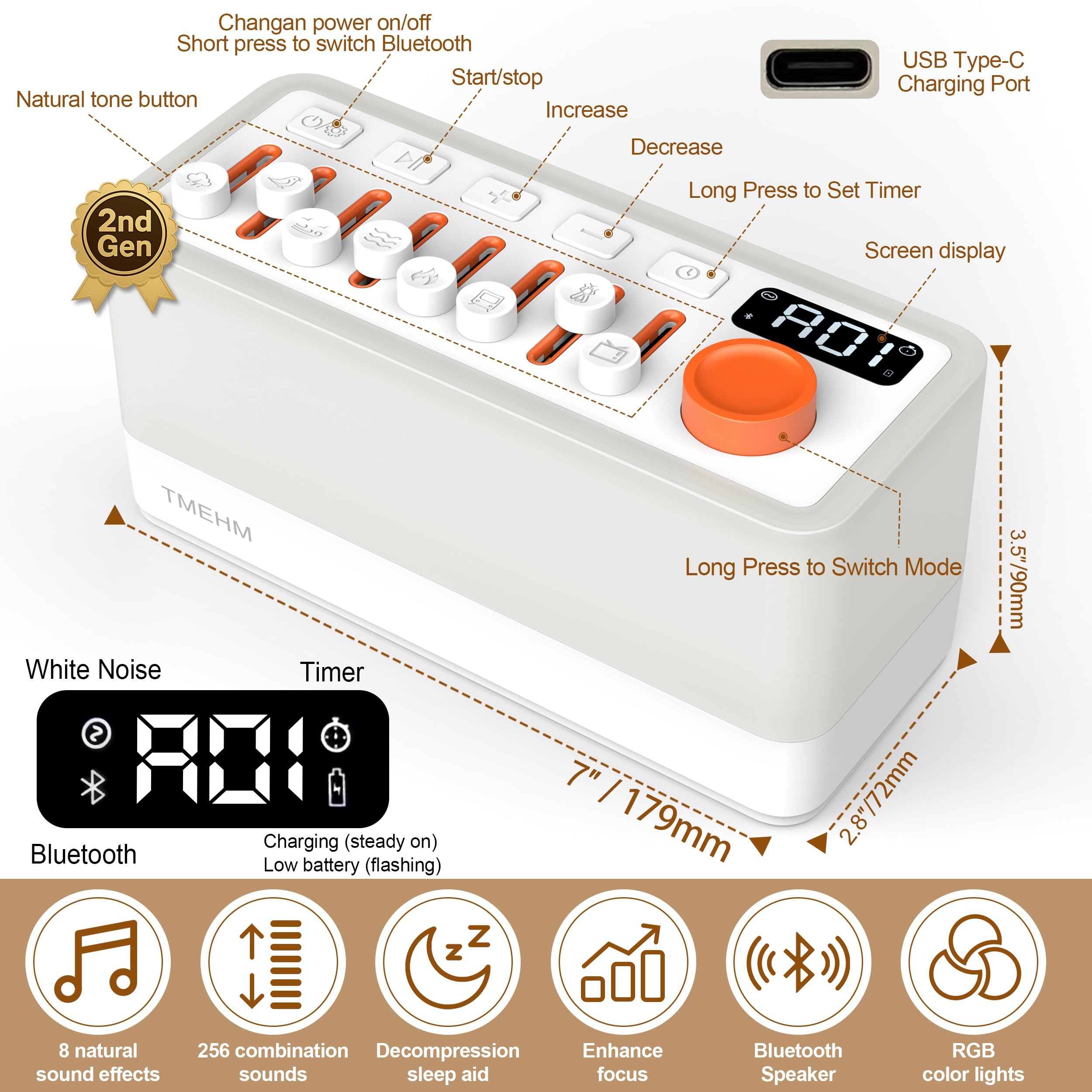 TMEHM 3-in-1 Sleep Sound Machine — 8 Sounds, Bluetooth Speaker, 12-Color Night Light