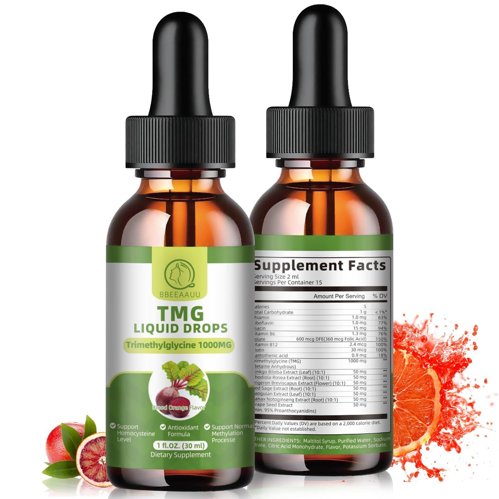 TMG Supplements 1000MG Liquid Drops – High-Absorption Betaine, Liver & Cognitive Support | Vegan, Non-GMO, Blood Orange Flavor (2 Pack)