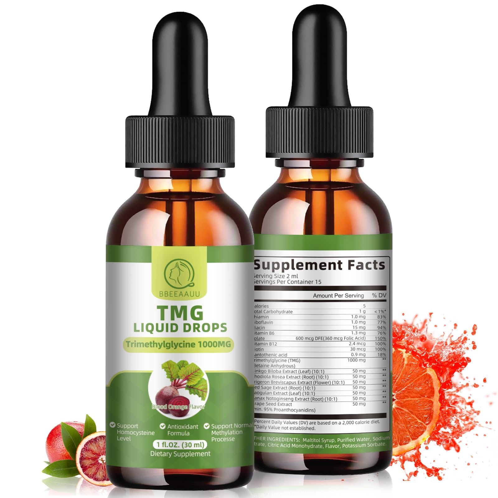 TMG Supplements 1000MG Liquid Drops – High-Absorption Betaine, Liver & Cognitive Support | Vegan, Non-GMO, Blood Orange Flavor (2 Pack)