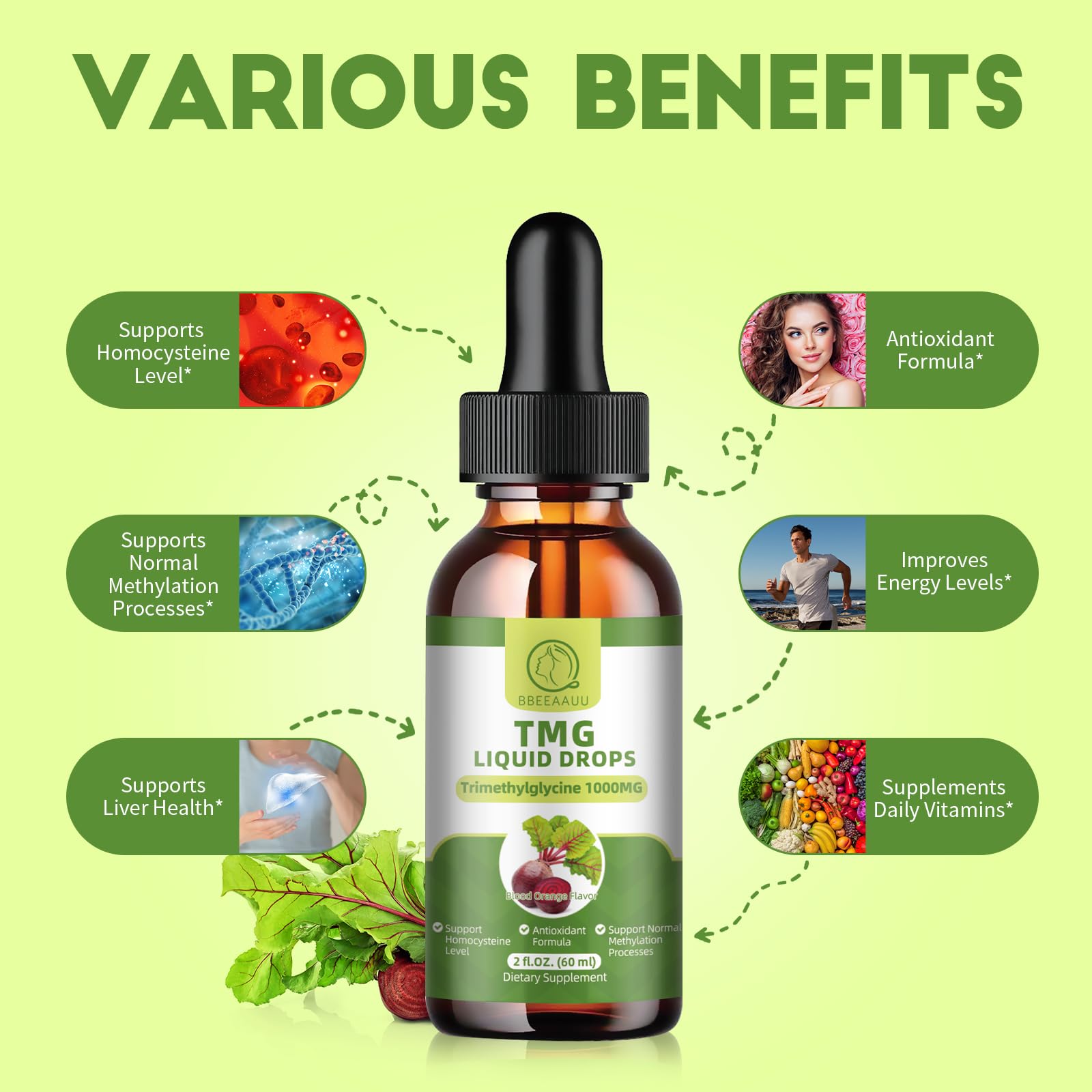 TMG Supplements 1000MG Liquid Drops – Trimethylglycine (Betaine) for Methylation, Liver & Cognitive Support | Non-GMO, Vegan, Blood Orange Flavor, 2 Fl Oz