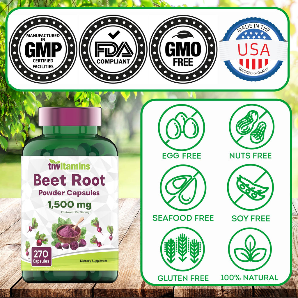 tnvitamins Beet Root Capsules 1,500 mg per Serving | 270 Capsules | Beet Root Powder Extract | Non-GMO & Gluten-Free | Made in USA