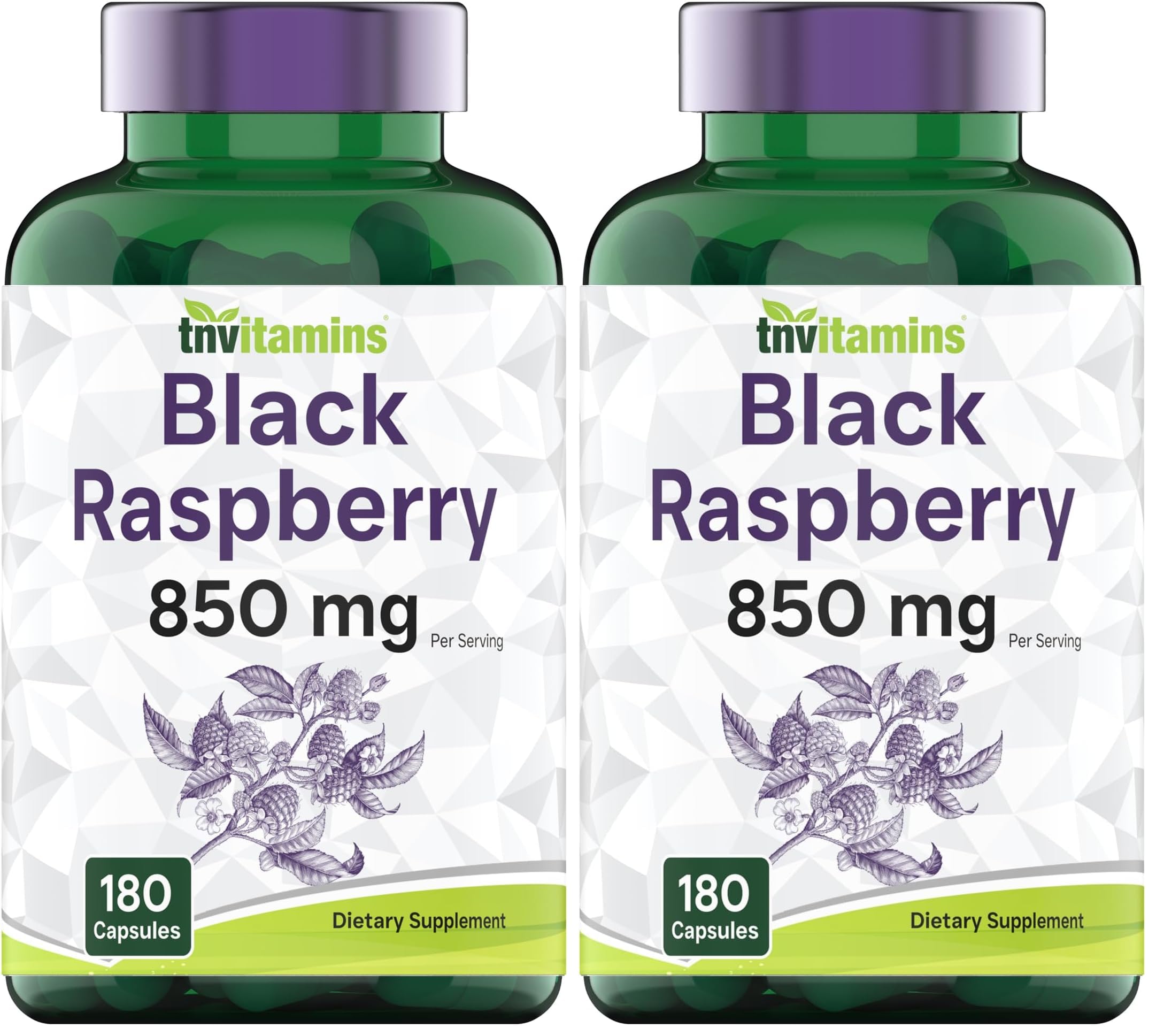 TNVitamins Black Raspberry Capsules 850mg - 180 Capsules (Pack of 2) | 3 Month Supply | Powerful Antioxidant