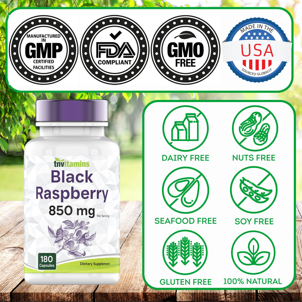 TNVitamins Black Raspberry Capsules 850mg - 180 Capsules (Pack of 2) | 3 Month Supply | Powerful Antioxidant