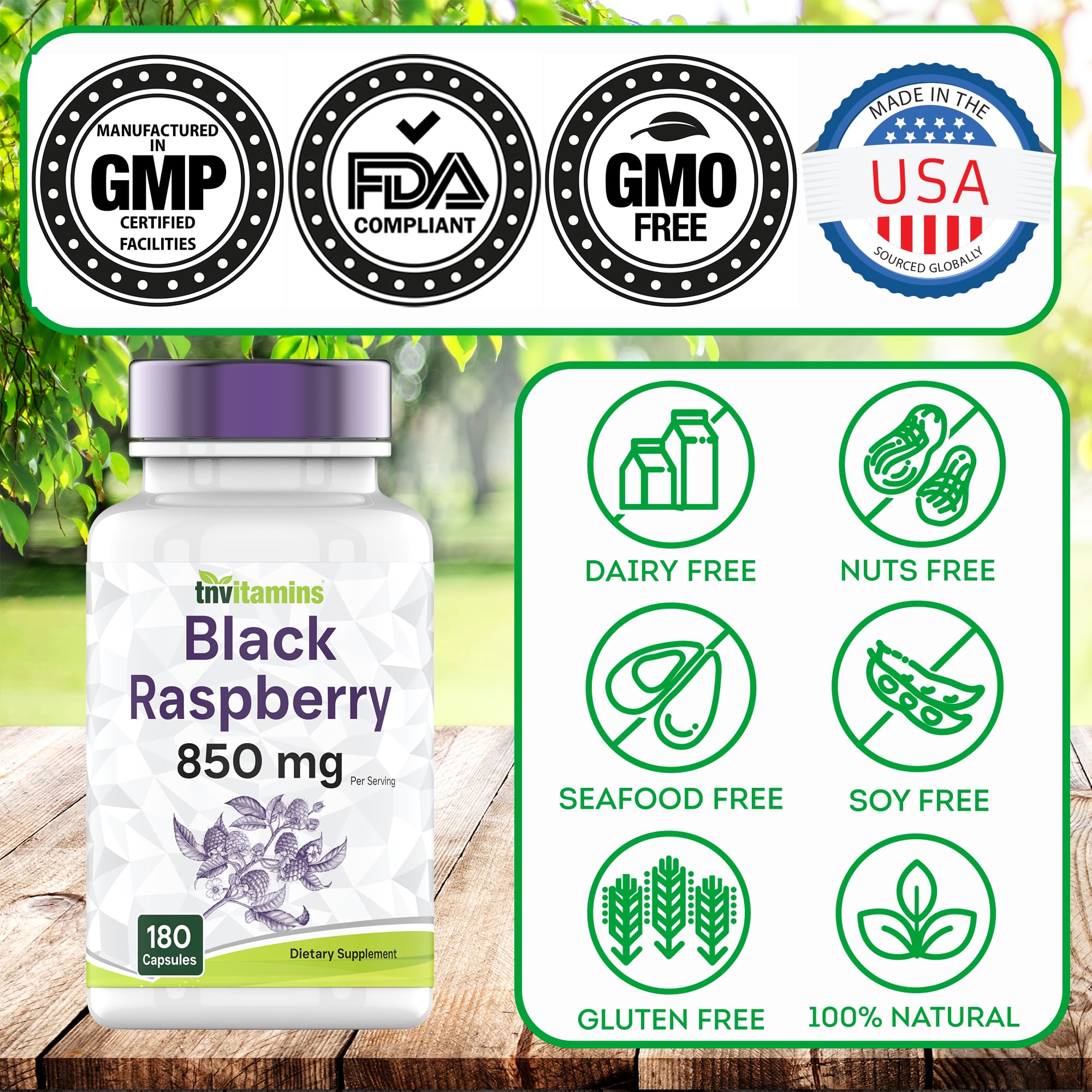 TNVitamins Black Raspberry Capsules 850mg - 180 Capsules (Pack of 2) | 3 Month Supply | Powerful Antioxidant