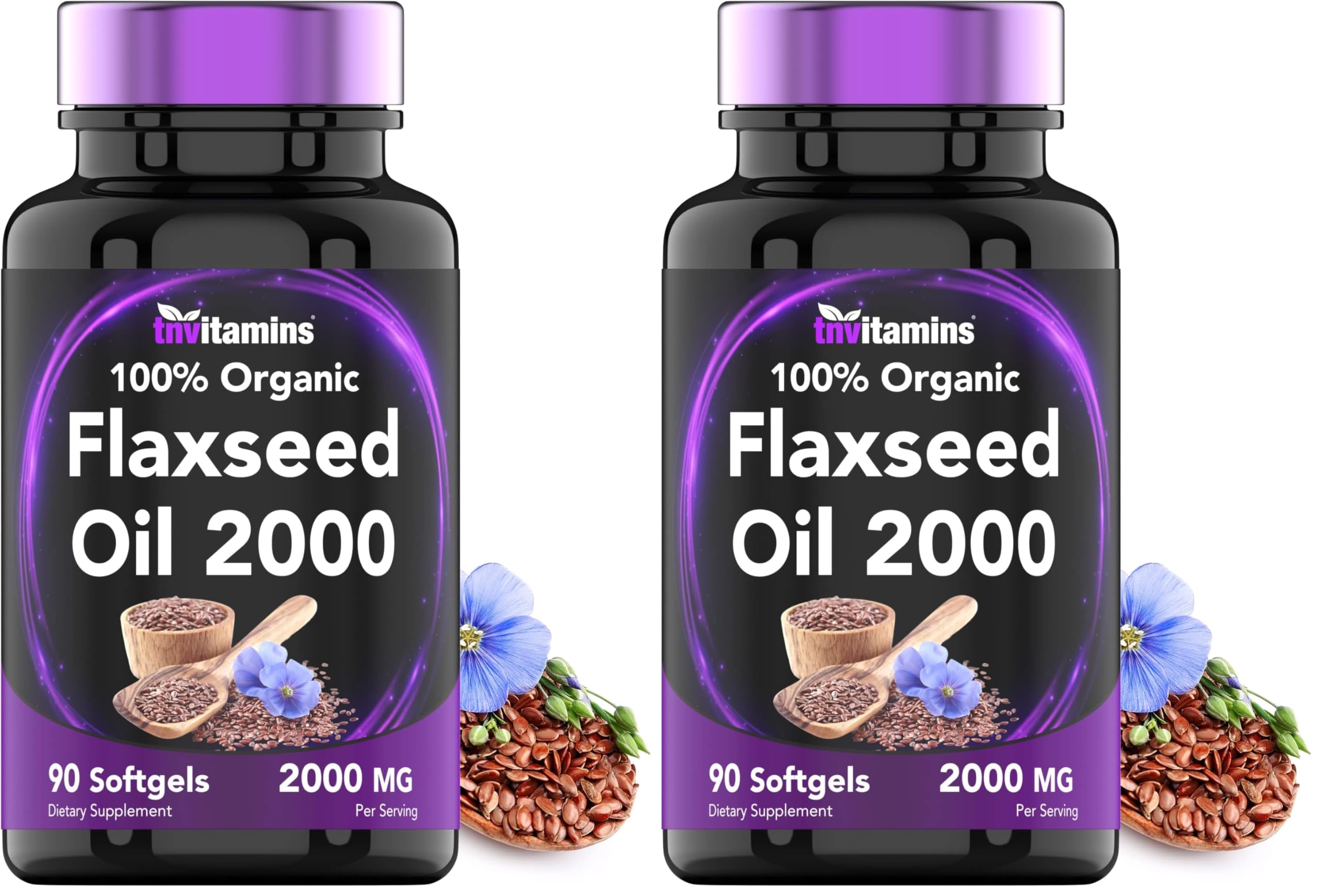 tnvitamins Organic Flaxseed Oil Softgels 2000 mg | 90 Softgels | Omega-3 | Non-GMO (Pack of 2)