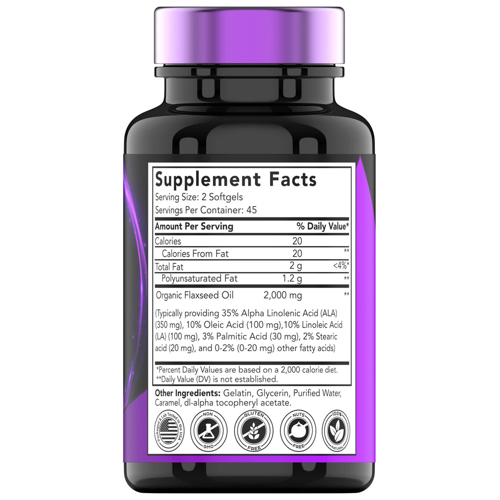 tnvitamins Organic Flaxseed Oil Softgels 2000 mg | 90 Softgels | Omega-3 | Non-GMO (Pack of 2)