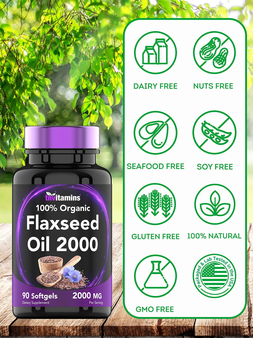 tnvitamins Organic Flaxseed Oil Softgels 2000 mg | 90 Softgels | Omega-3 | Non-GMO (Pack of 2)