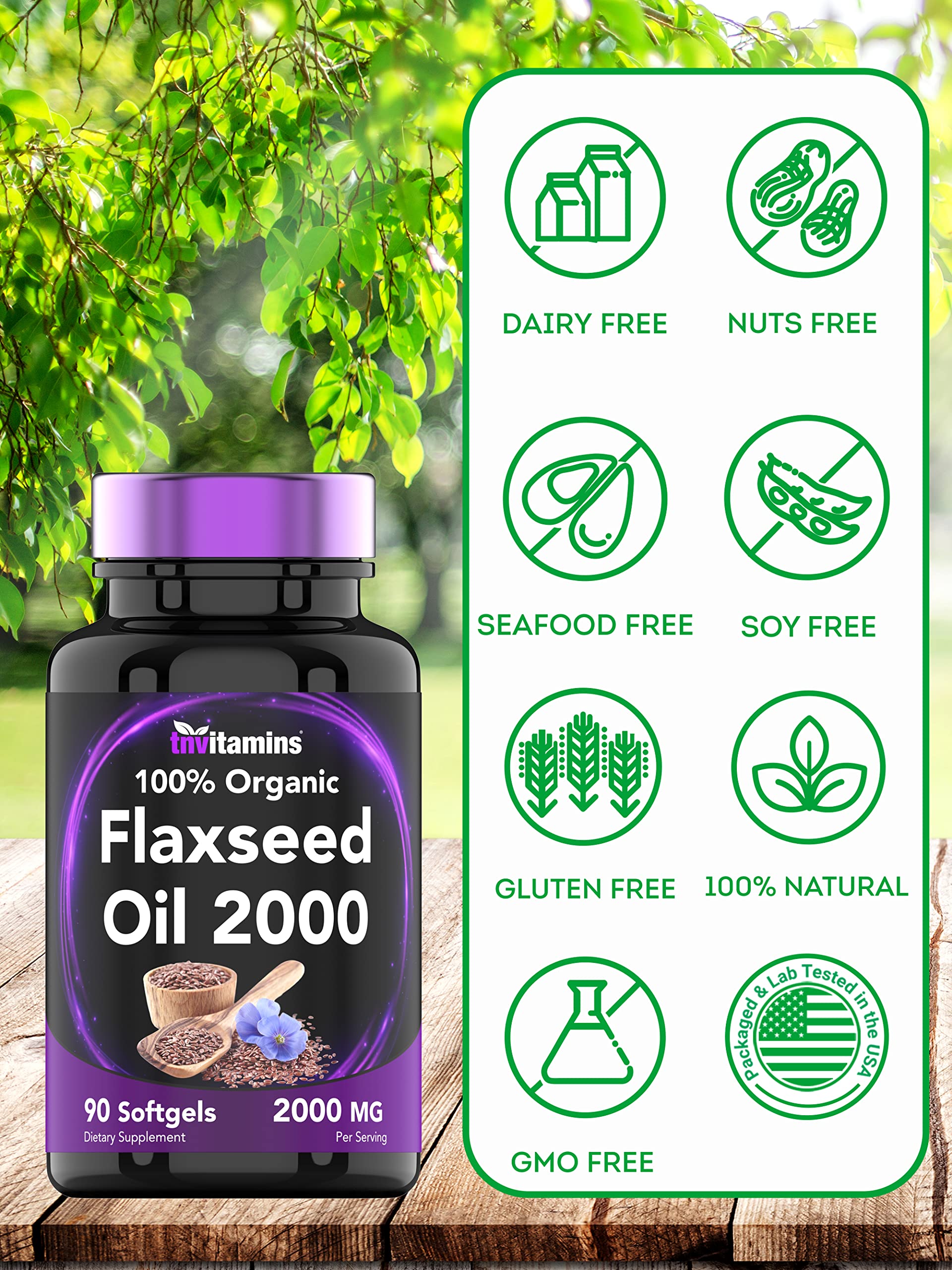 tnvitamins Organic Flaxseed Oil Softgels 2000 mg | 90 Softgels | Omega-3 | Non-GMO (Pack of 2)