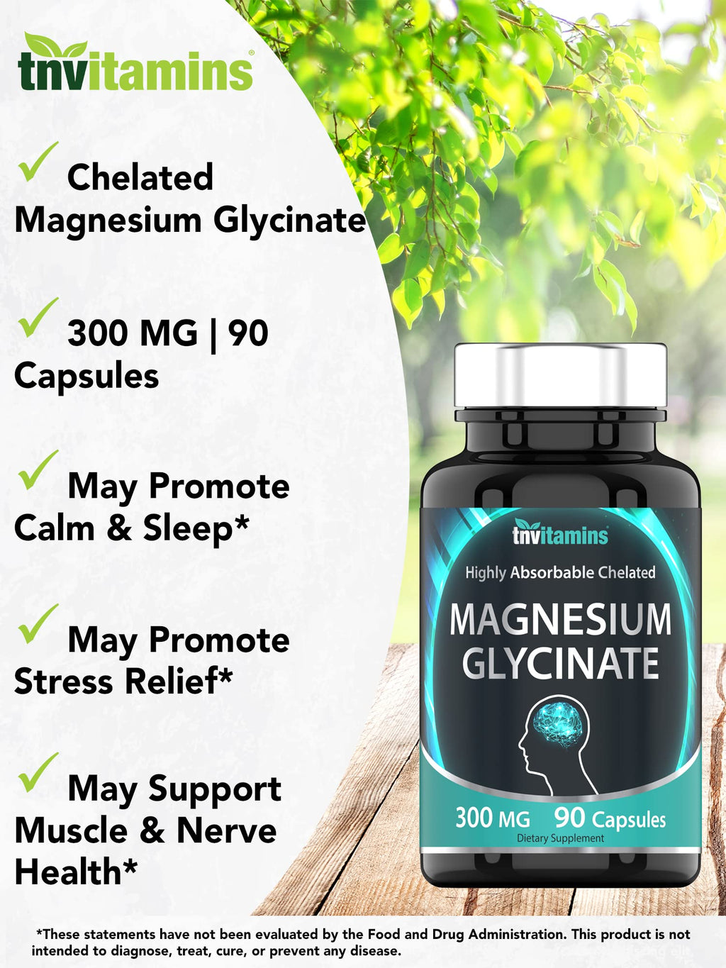 TNVitamins Magnesium Glycinate Capsules – 300 mg Magnesium, 90 Count | Chelated Magnesium Bisglycinate for Sleep & Calm