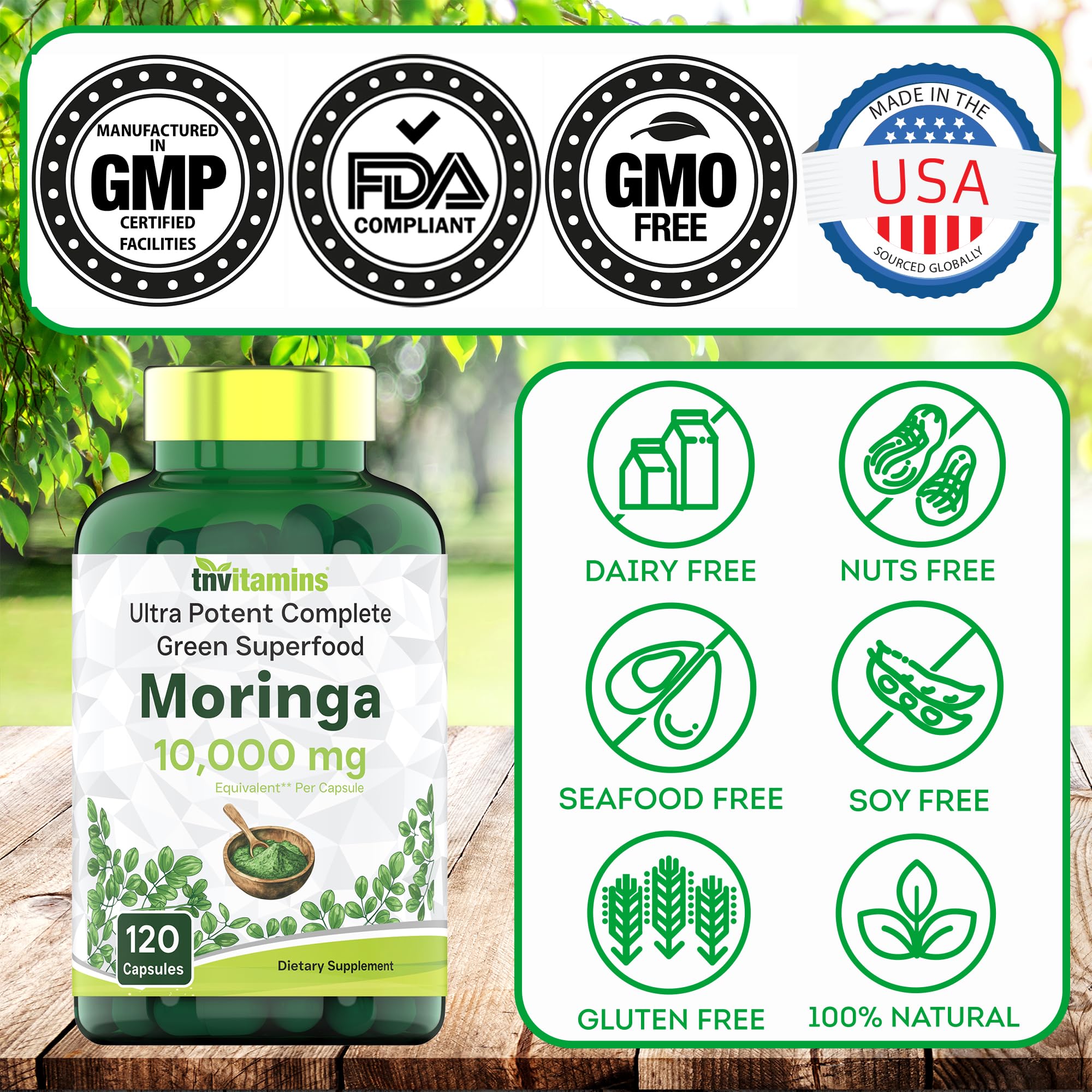 TNVitamins Moringa Capsules 10,000 mg - 120 Capsules | Pure Moringa Oleifera Leaf Powder Supplement | Non-GMO | Made in USA