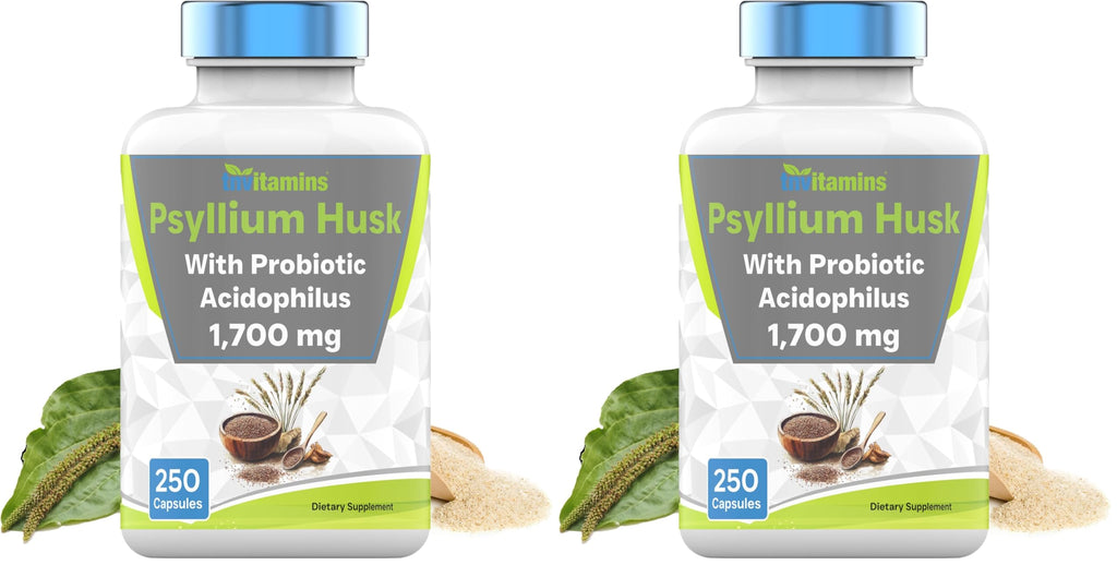 tnvitamins Psyllium Husk Capsules 1700mg | Probiotic Acidophilus | Digestive Fiber (2-Pack)