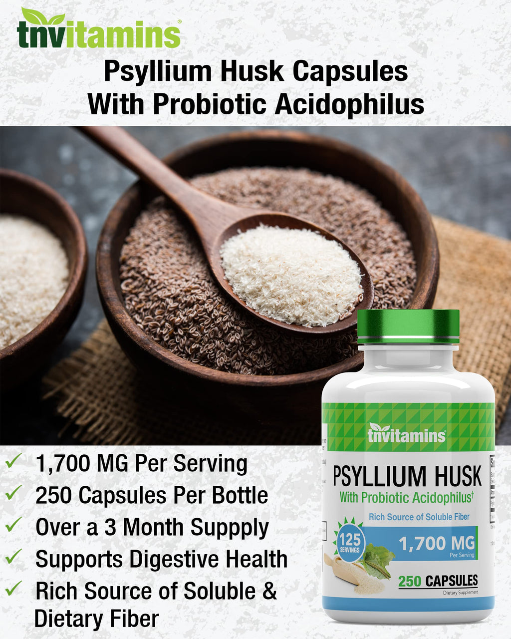 tnvitamins Psyllium Husk Capsules 1700mg | Probiotic Acidophilus | Digestive Fiber (2-Pack)