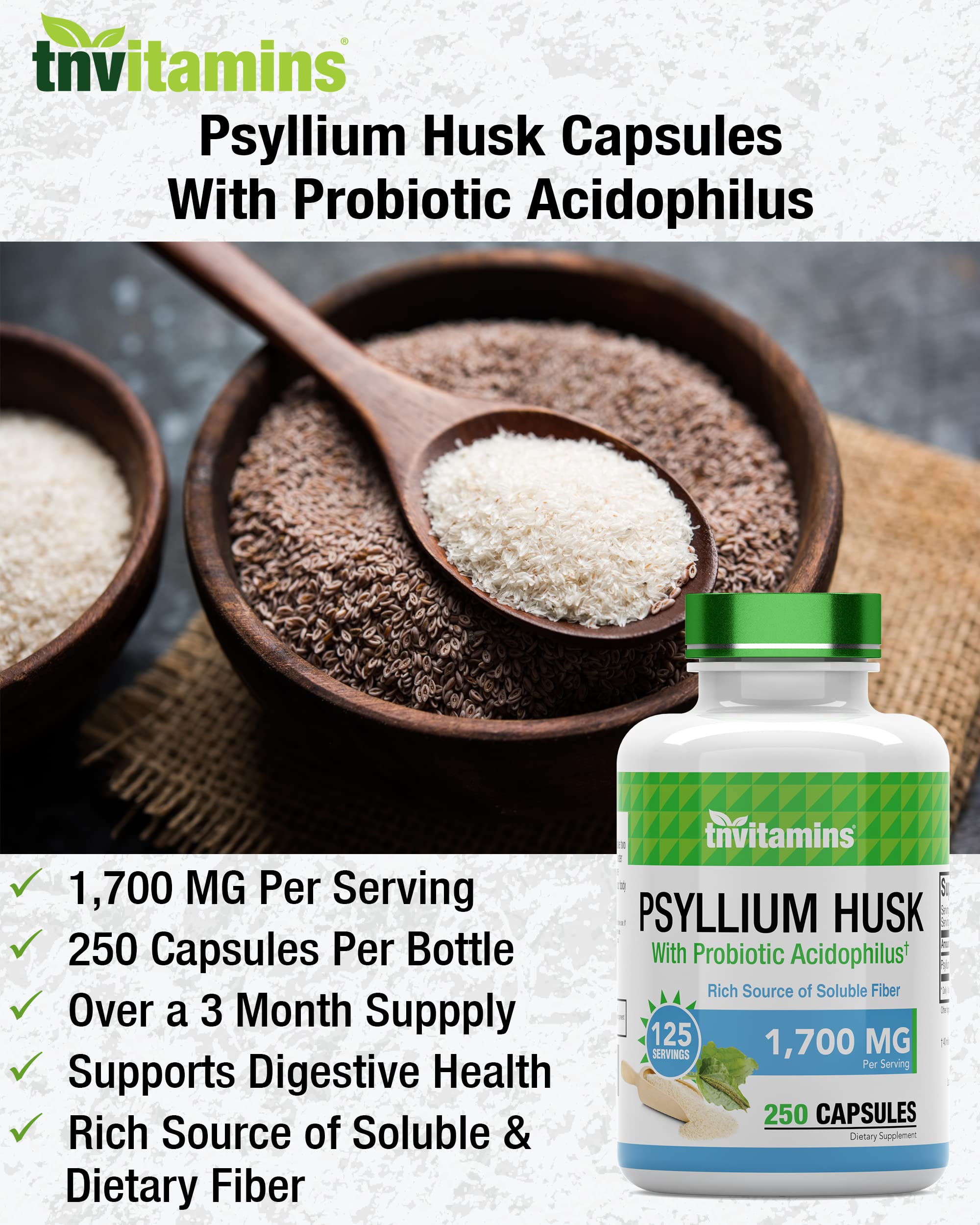 tnvitamins Psyllium Husk Capsules 1700mg | Probiotic Acidophilus | Digestive Fiber (2-Pack)