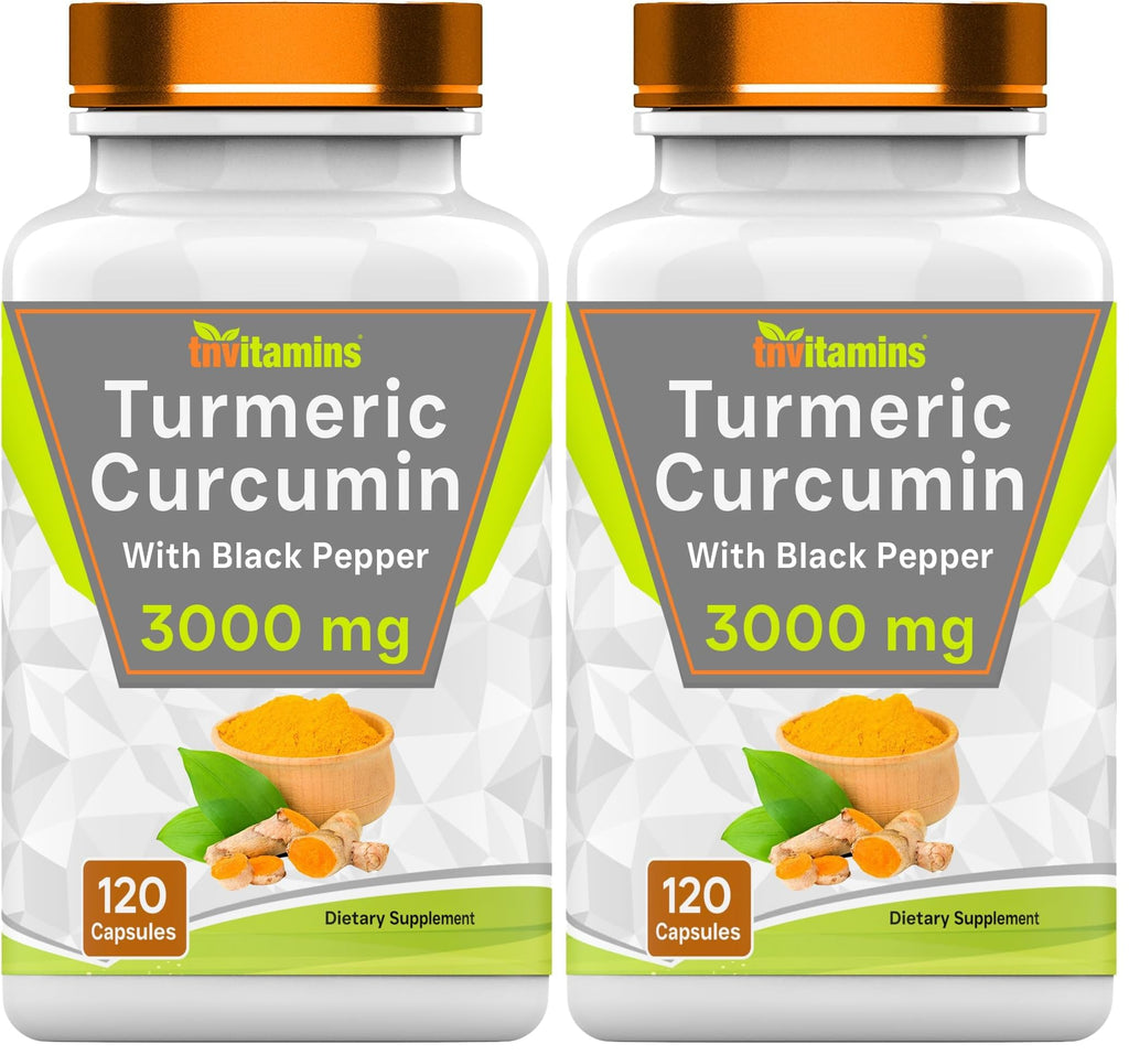 TNVitamins Turmeric Curcumin Capsules with Black Pepper - 3000 mg | 120 Capsules | Extra Strength | Non-GMO | Made in USA (Pack of 2)