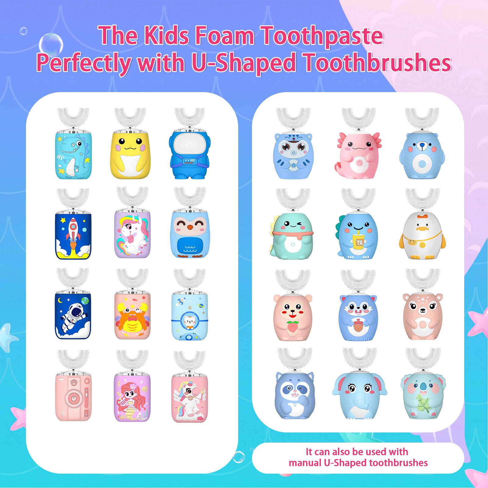 Kids Foam Toothpaste Fluoride Free - Watermelon & Strawberry Mint for U-Shaped Toothbrush