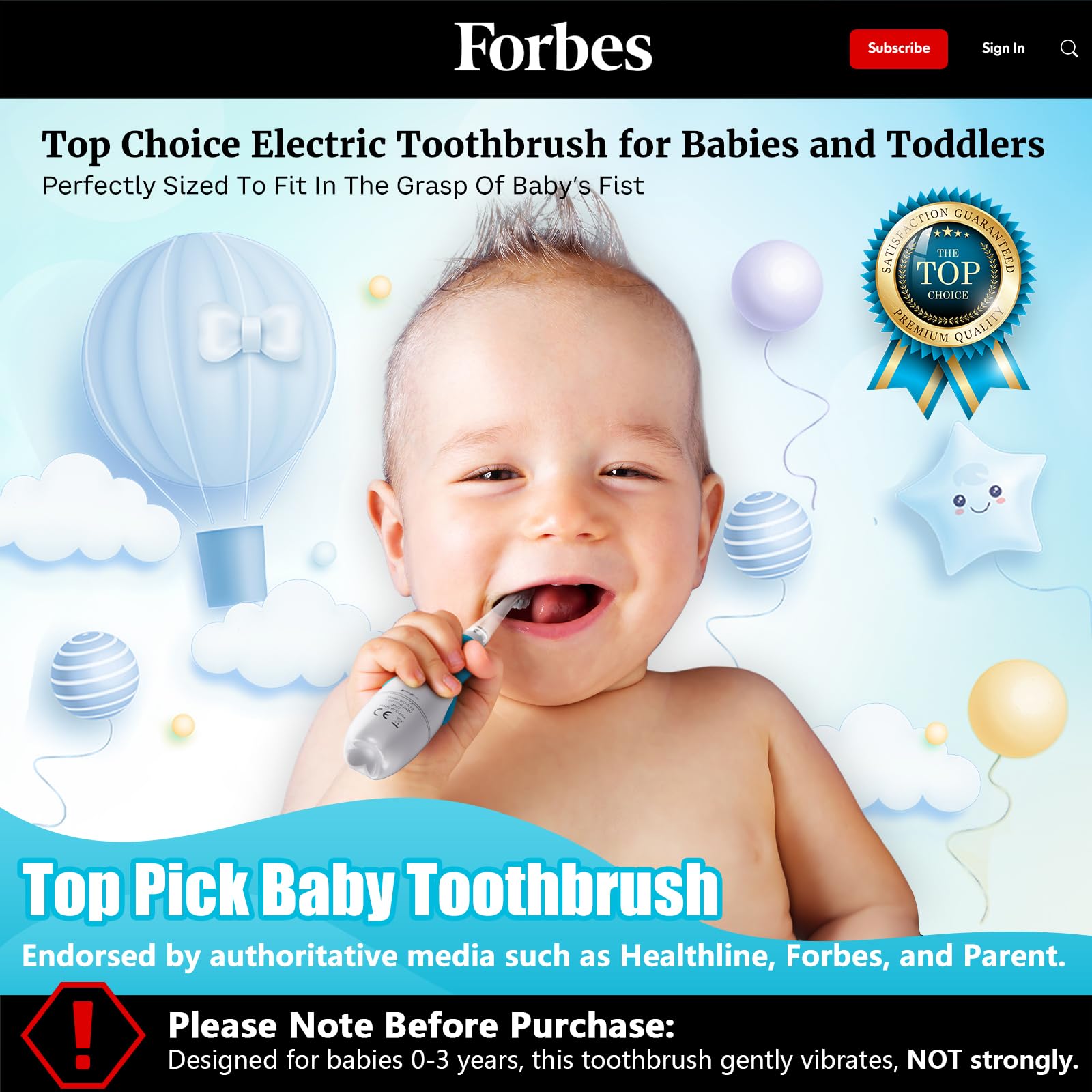 Toddler Electric Toothbrush 0-3 Years | LED Light, 2-Min Timer, 4 Heads – Blue