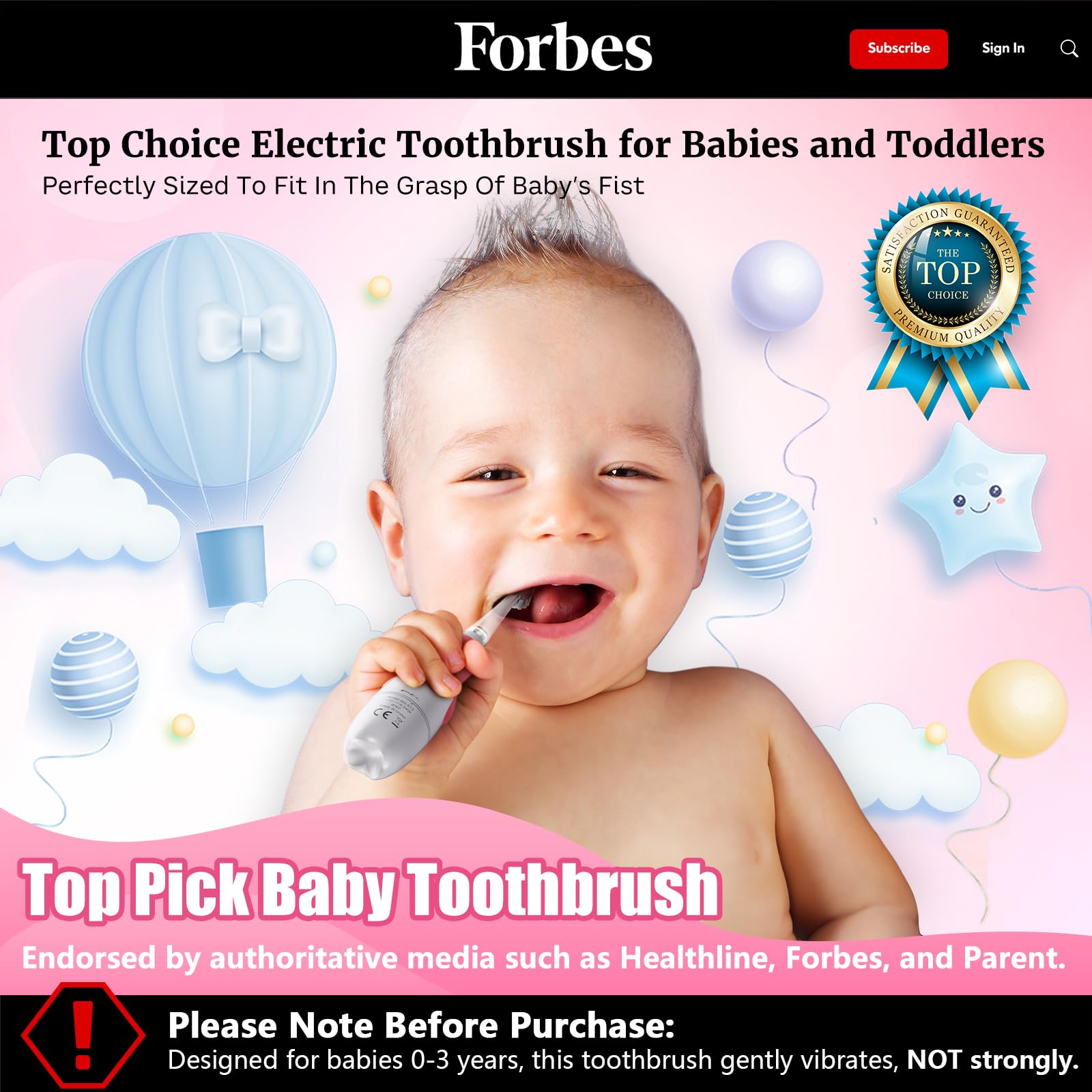 Toddler Electric Toothbrush for Kids 0-3 | LED Light, 2-Minute Timer, 4 Heads - Pink