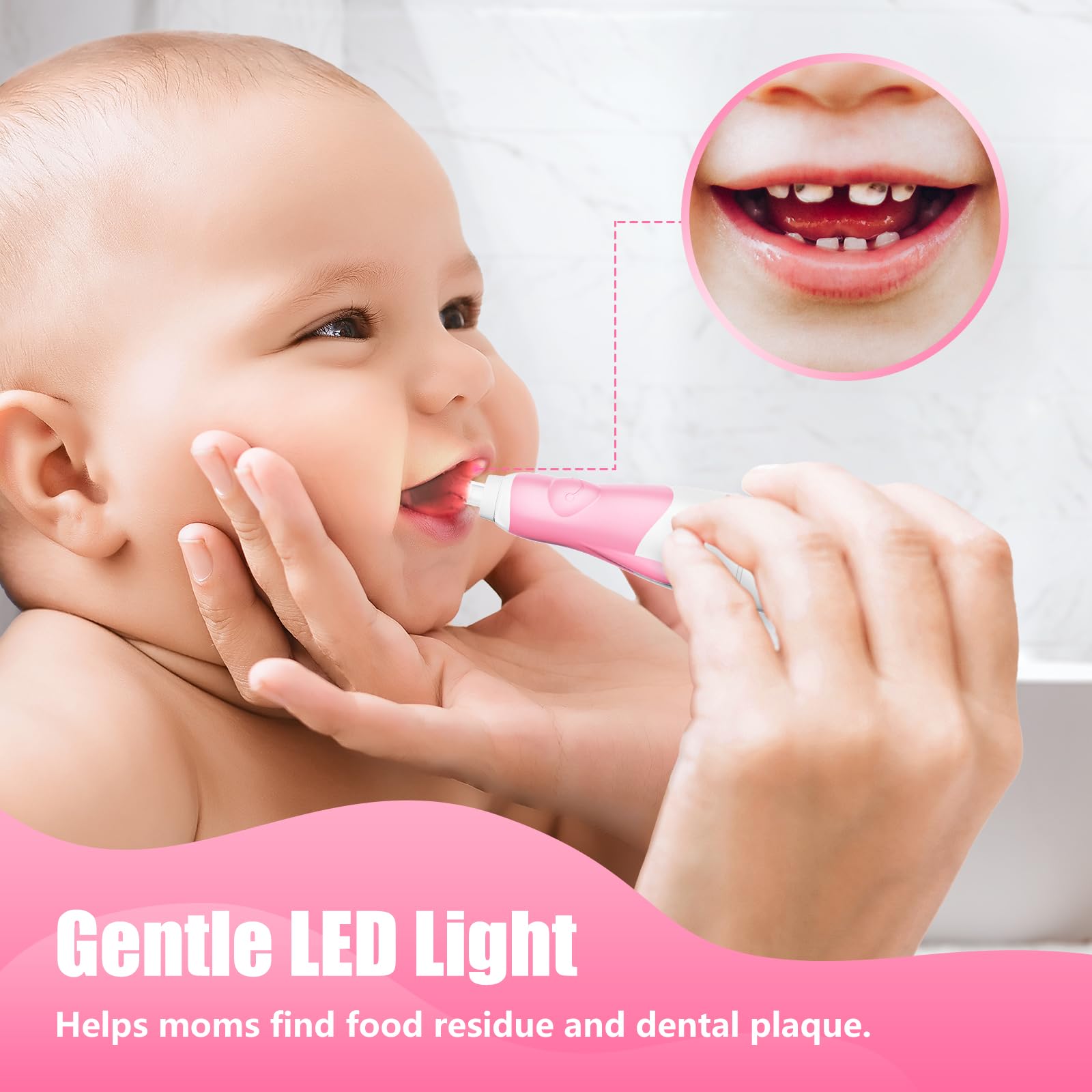 Toddler Electric Toothbrush for Kids 0-3 | LED Light, 2-Minute Timer, 4 Heads - Pink