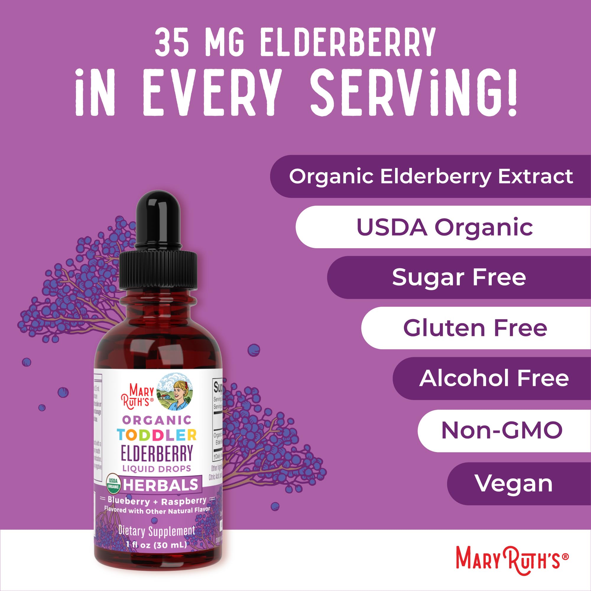 MaryRuth Organics Toddler Elderberry Syrup – USDA Organic, Sugar Free, 1 fl oz