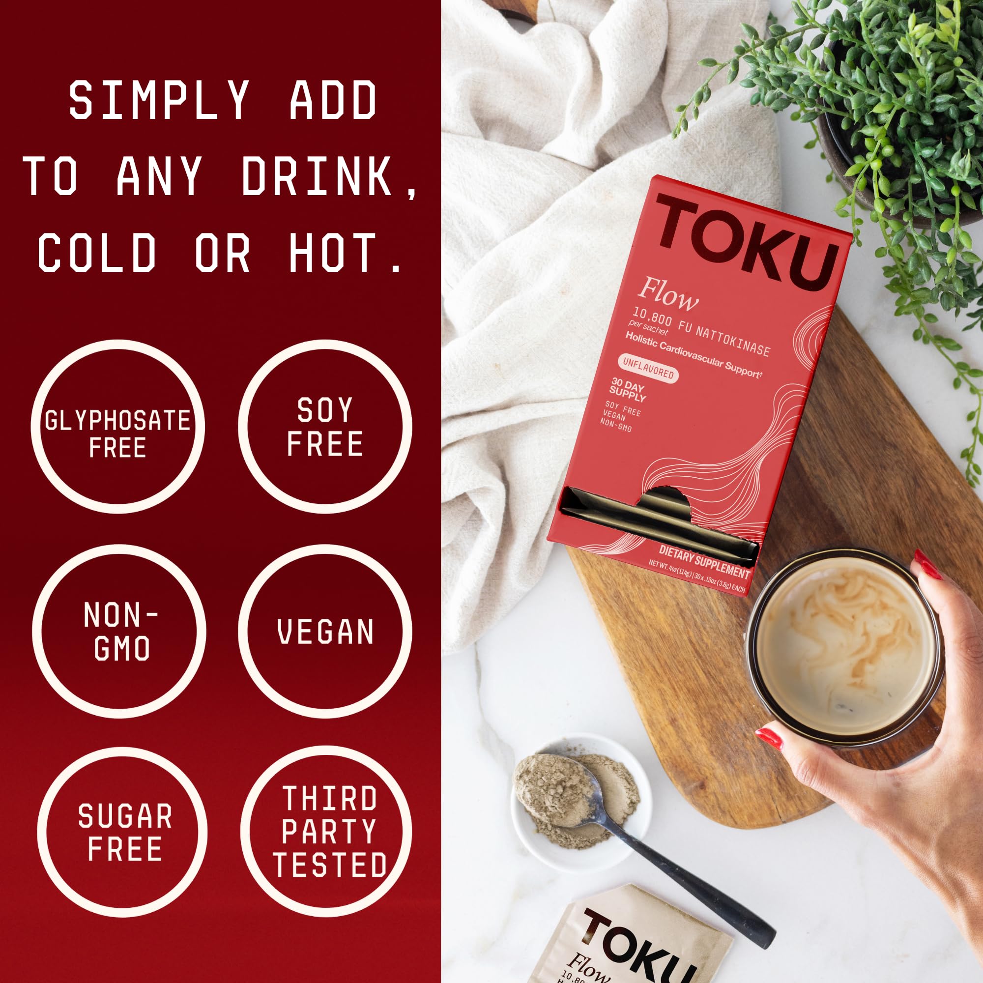 Toku Flow, Functional Daily Powder with 10,800 FU Soy-Free Nattokinase, Vitamin K2 MK7 & Oat Beta Glucan, Plant-Based Formula, Chocolate Flavor, 30 Packets