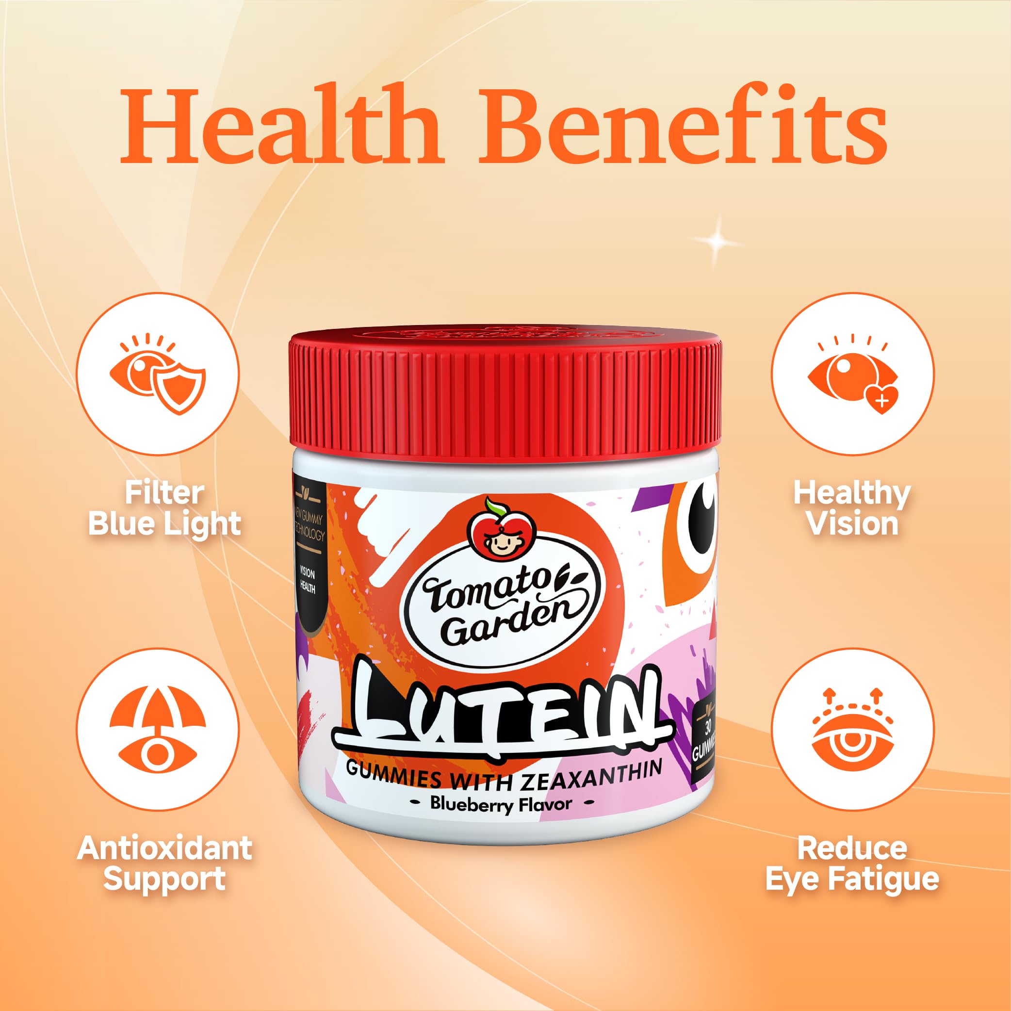 TomatoGarden Lutein Gummies – Vision Support & Blue Light Protection (30 Count)