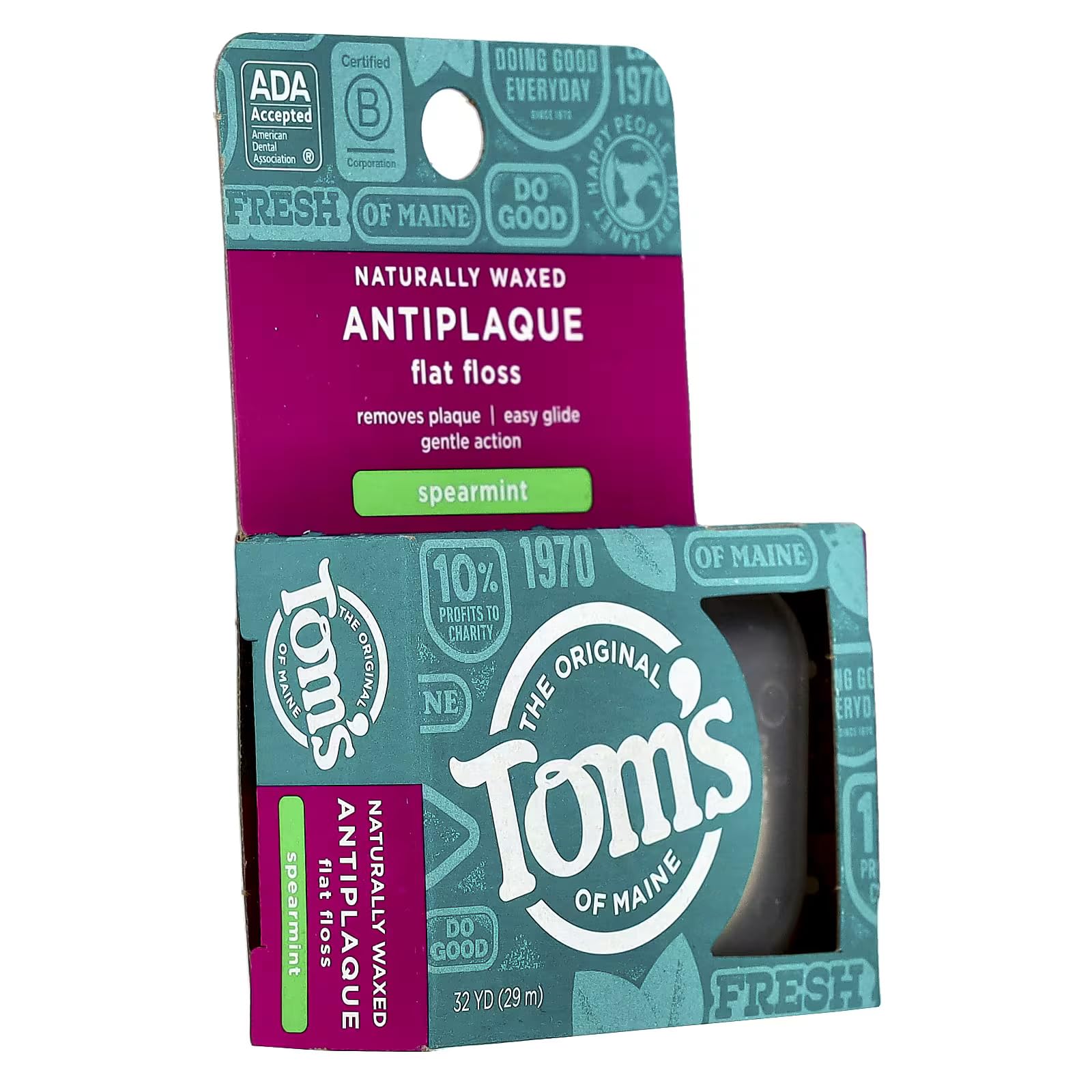 Tom's of Maine Natural Waxed Antiplaque Flat Floss – Spearmint, 32 Yards, Pack of 2 | ADA Accepted