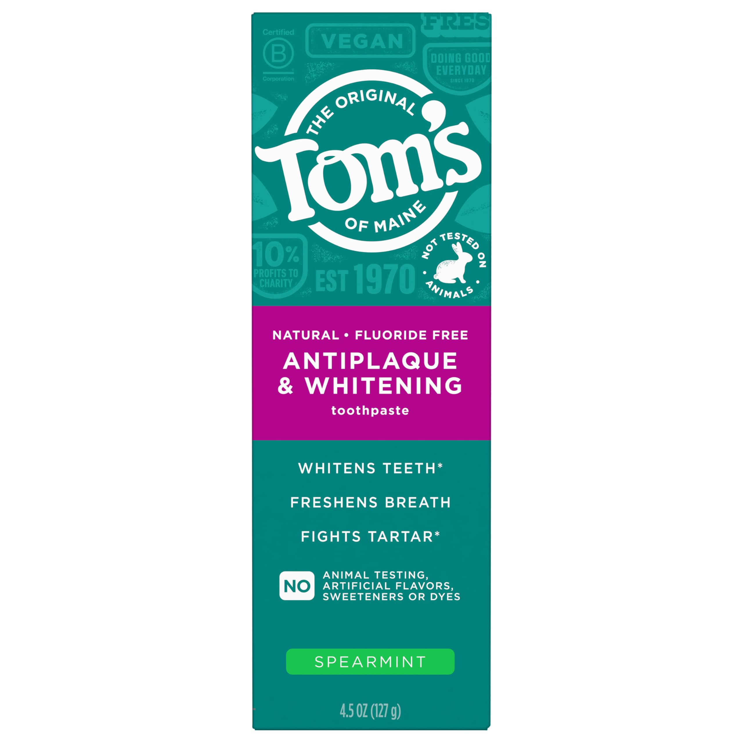 Tom’s of Maine Antiplaque & Whitening Fluoride Free Toothpaste Spearmint 3-Pack