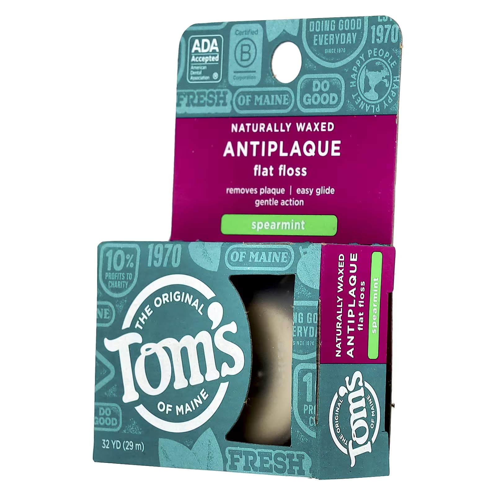 Tom's of Maine Natural Waxed Antiplaque Flat Floss – Spearmint, 32 Yards, Pack of 2 | ADA Accepted