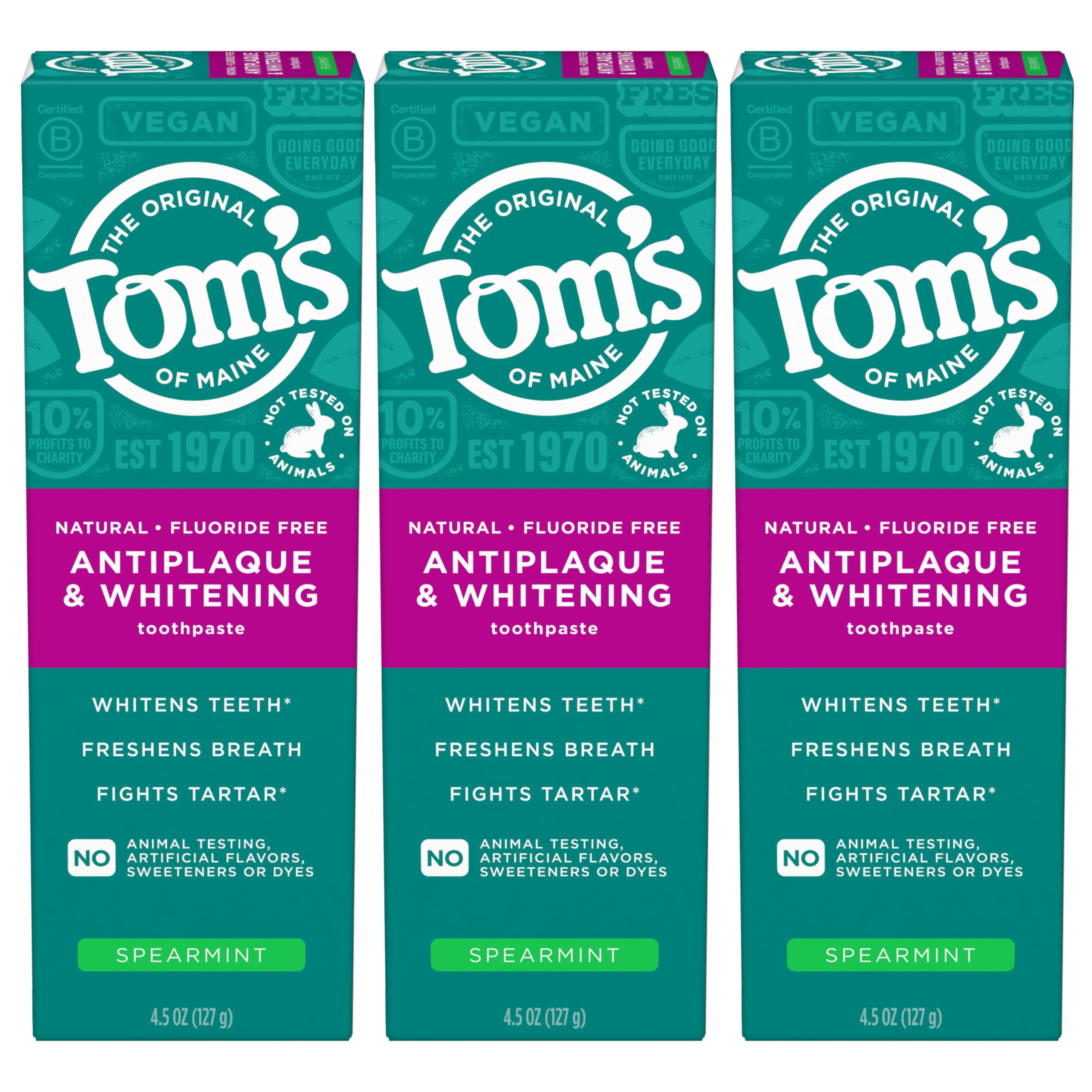 Tom’s of Maine Antiplaque & Whitening Fluoride Free Toothpaste Spearmint 3-Pack