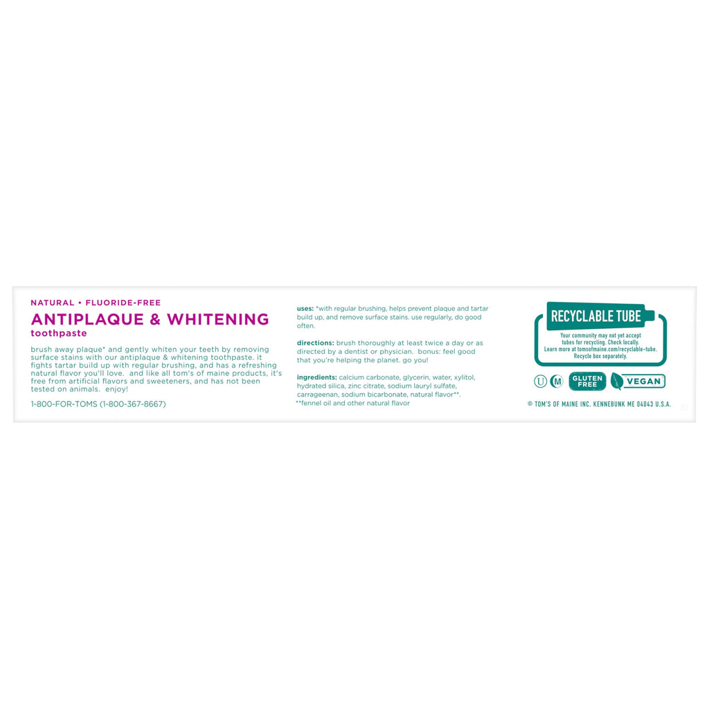 Tom's of Maine Fluoride-Free Antiplaque & Whitening Toothpaste – Fennel, 5.5 oz, 2-Pack