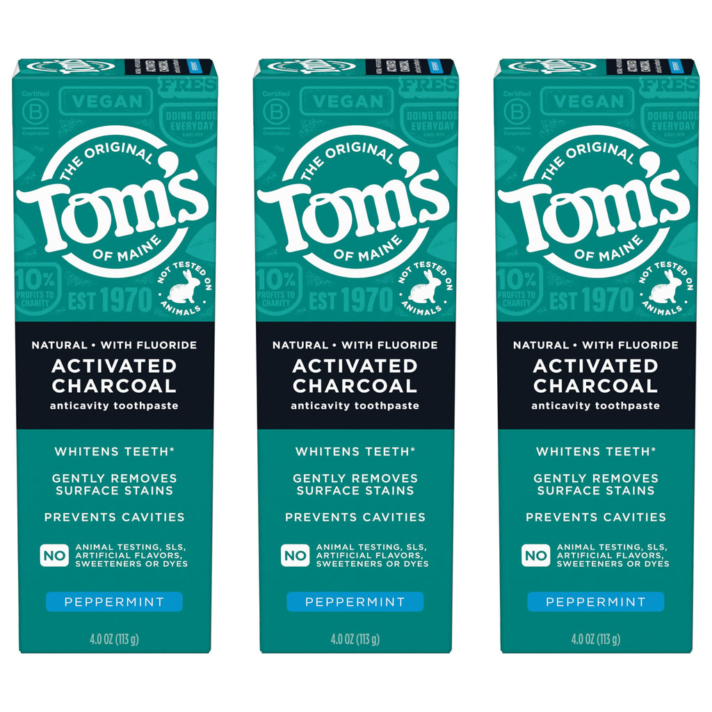 Tom’s of Maine Activated Charcoal Toothpaste with Fluoride – Peppermint, 3 Pack